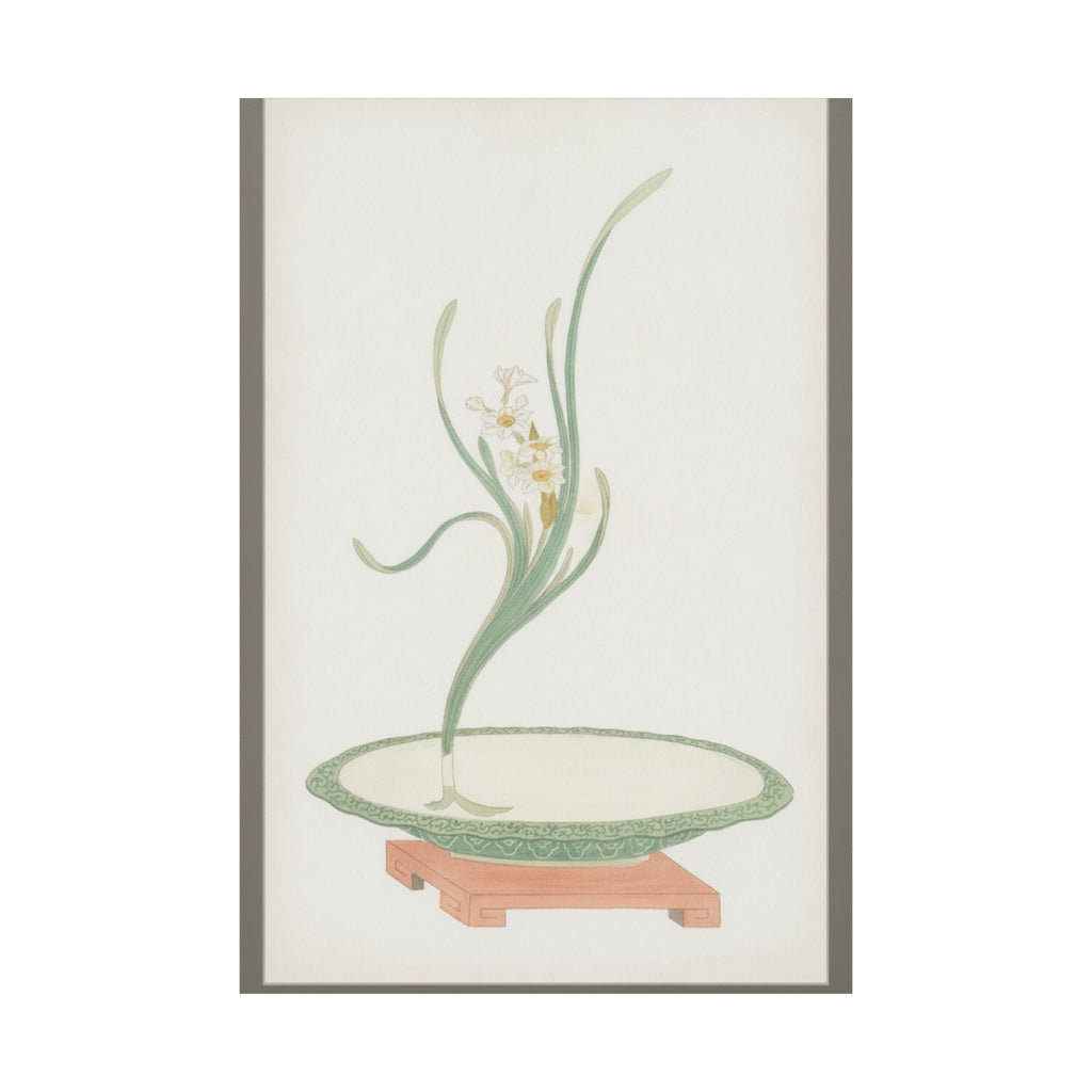 Watercolor — Flower Arrangement Of Suisen (Narcissus) In A Flat Green Dish — Matte Poster