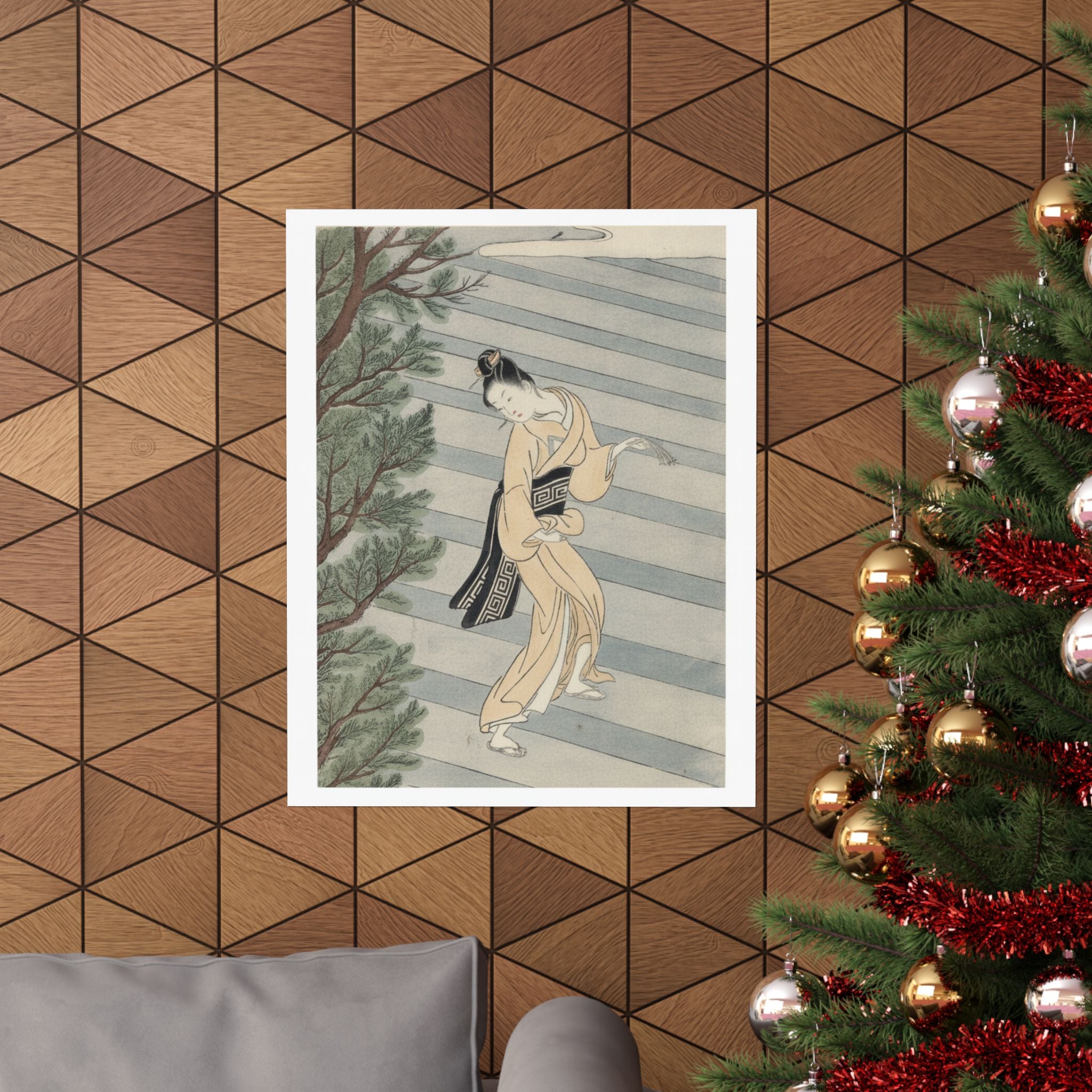 Watercolor — Young Woman Climbing Stone Stairs To A Shinto Temple — Matte Poster