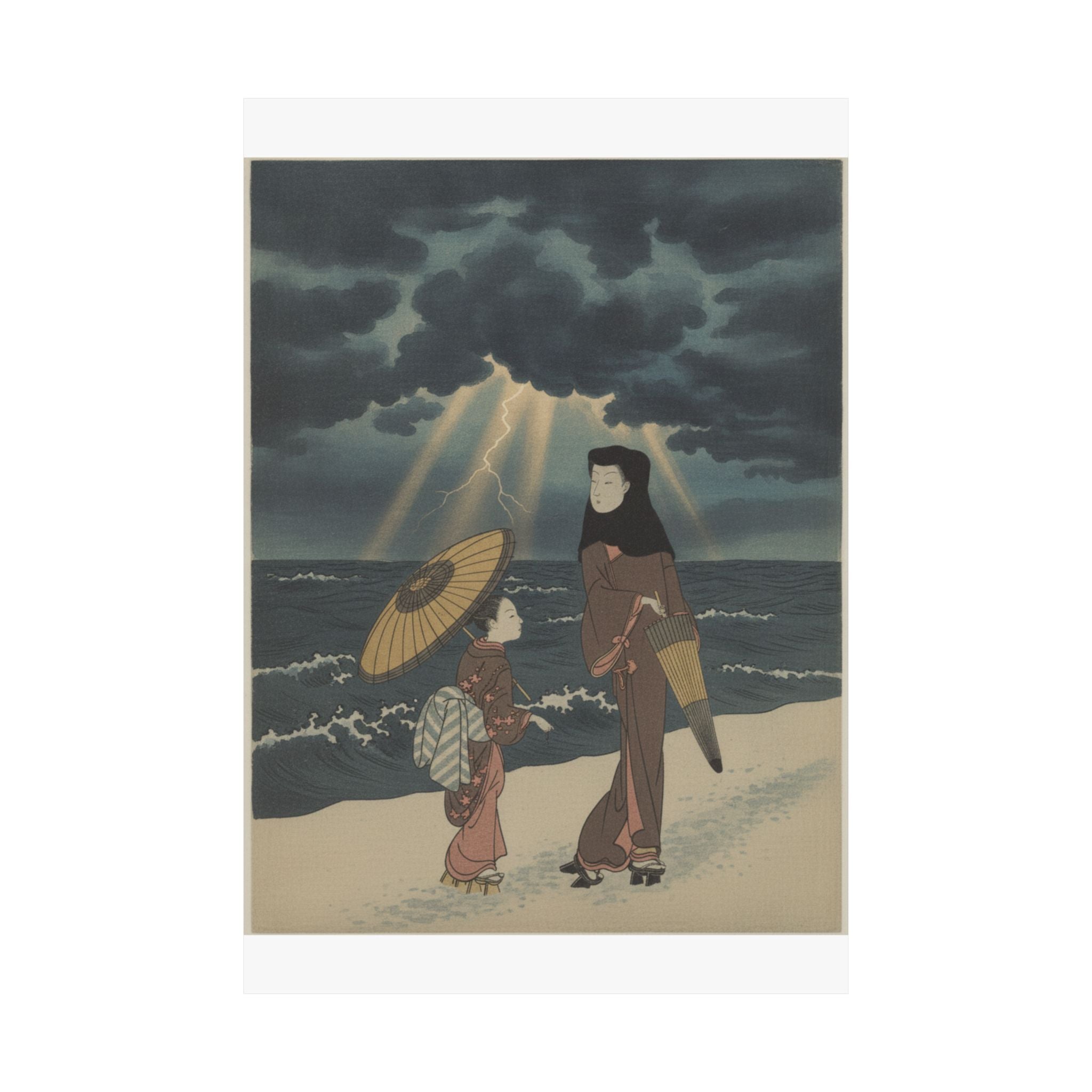 Dramatic Storm — Lady With Black Hood And Umbrella Out Walking With Young Attendant — Matte Poster