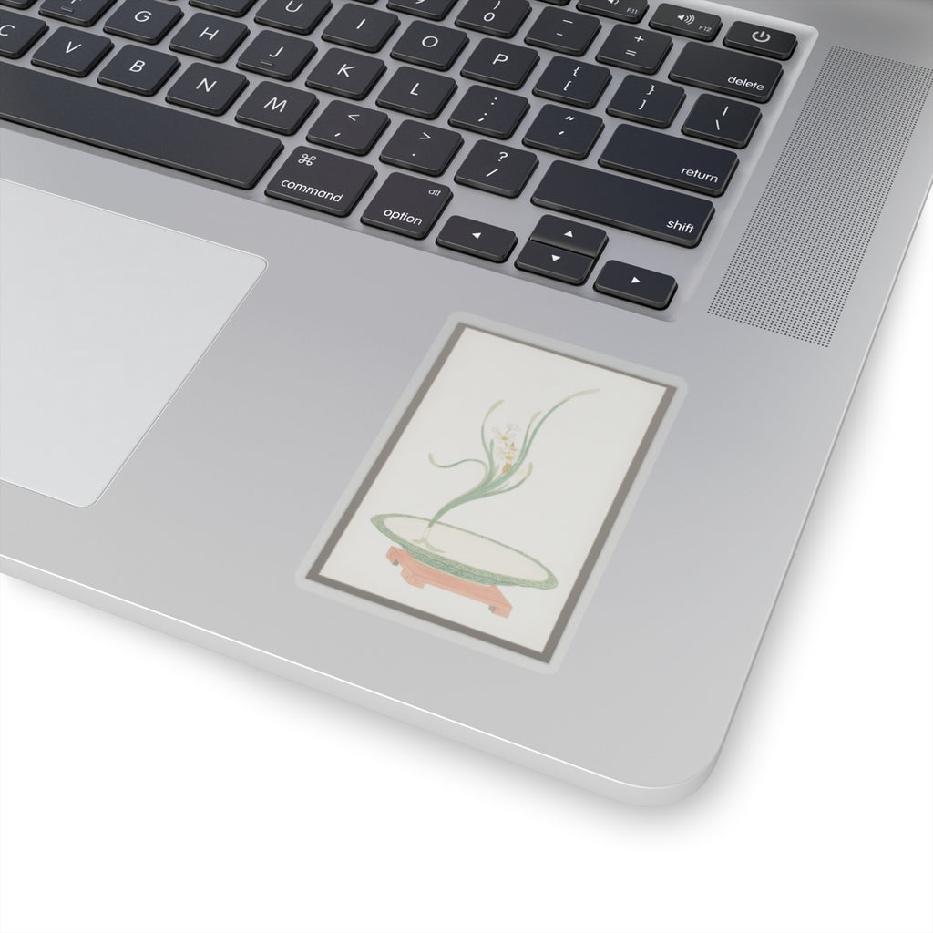 Watercolor — Flower Arrangement Of Suisen (Narcissus) In A Flat Green Dish — Kiss-Cut Sticker