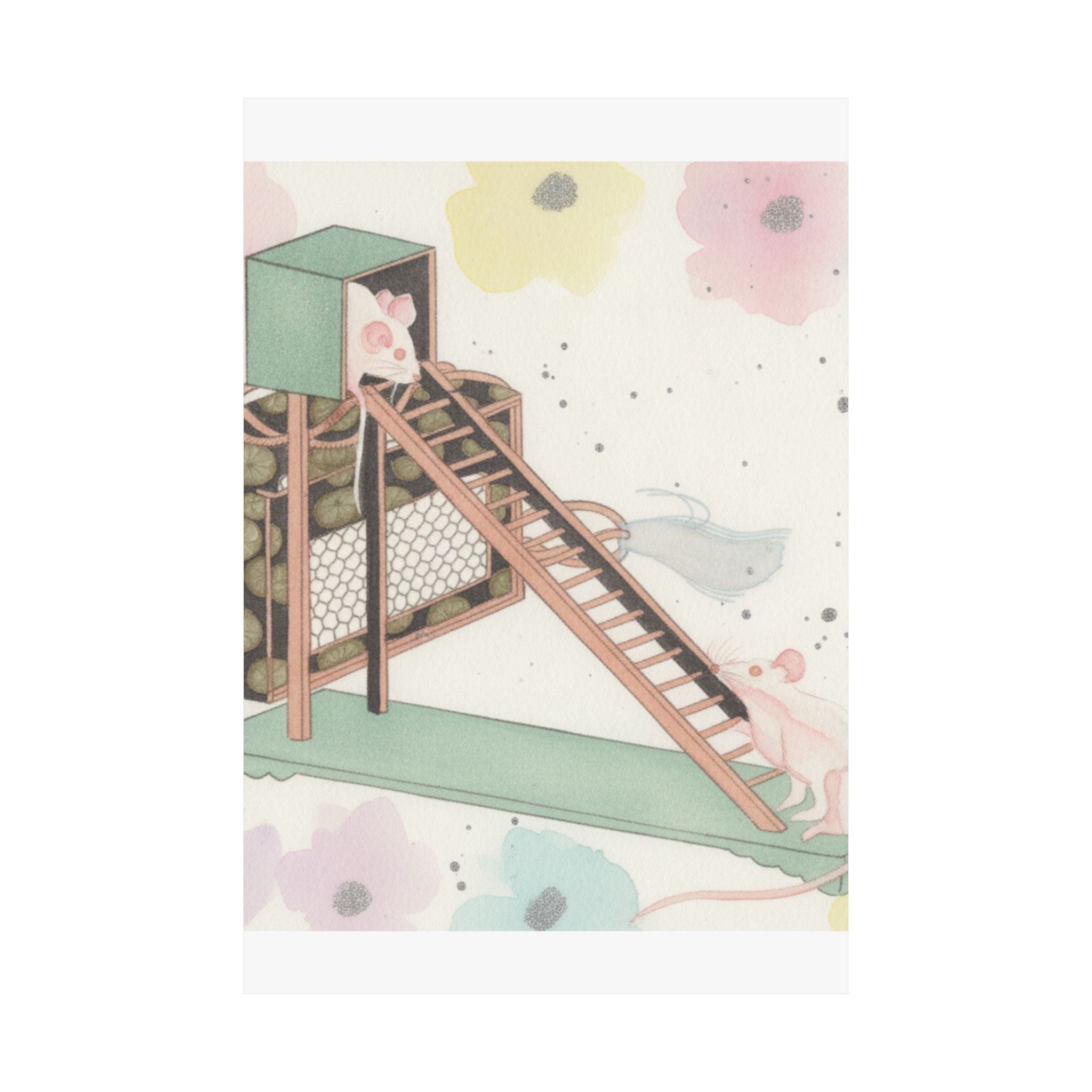 Watercolor — White Mice Playing — Matte Poster