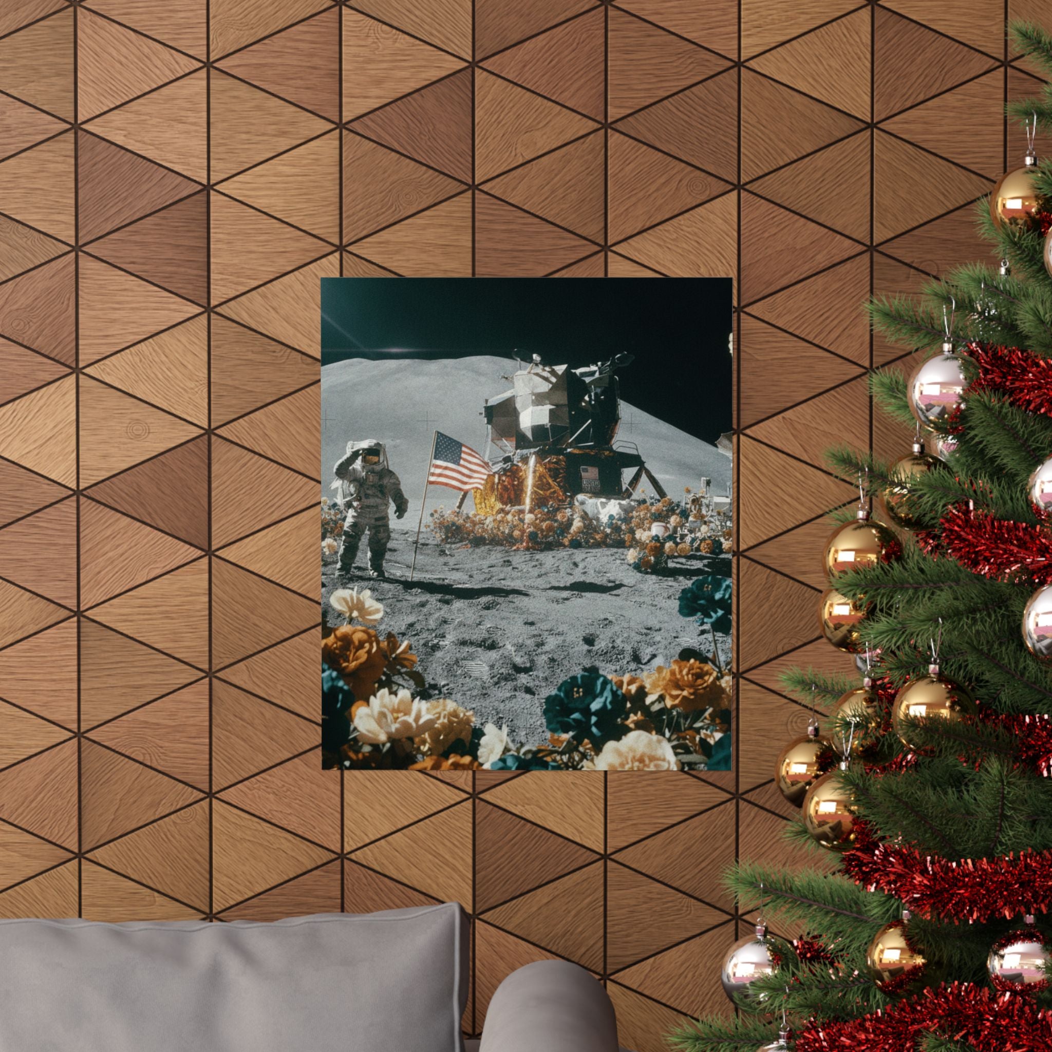 Astronaut Moon Landing in Bloom Surreal Space Poster