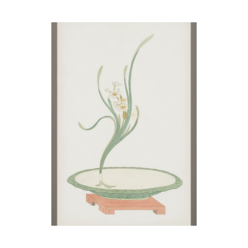 Watercolor — Flower Arrangement Of Suisen (Narcissus) In A Flat Green Dish — Matte Poster