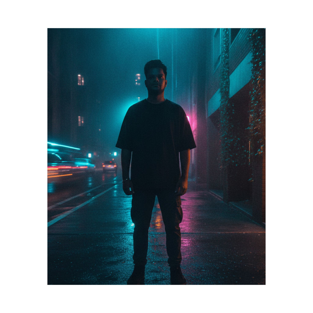 Rainy Neon City Street Silhouette Teal Pink Matte Poster