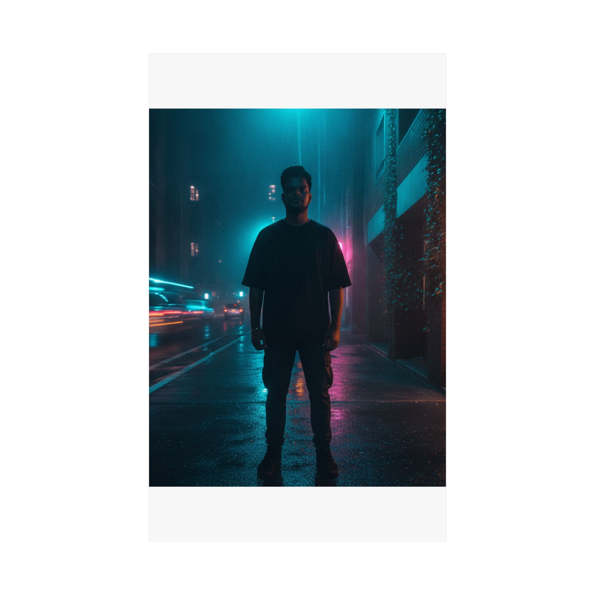 Rainy Neon City Street Silhouette Teal Pink Matte Poster