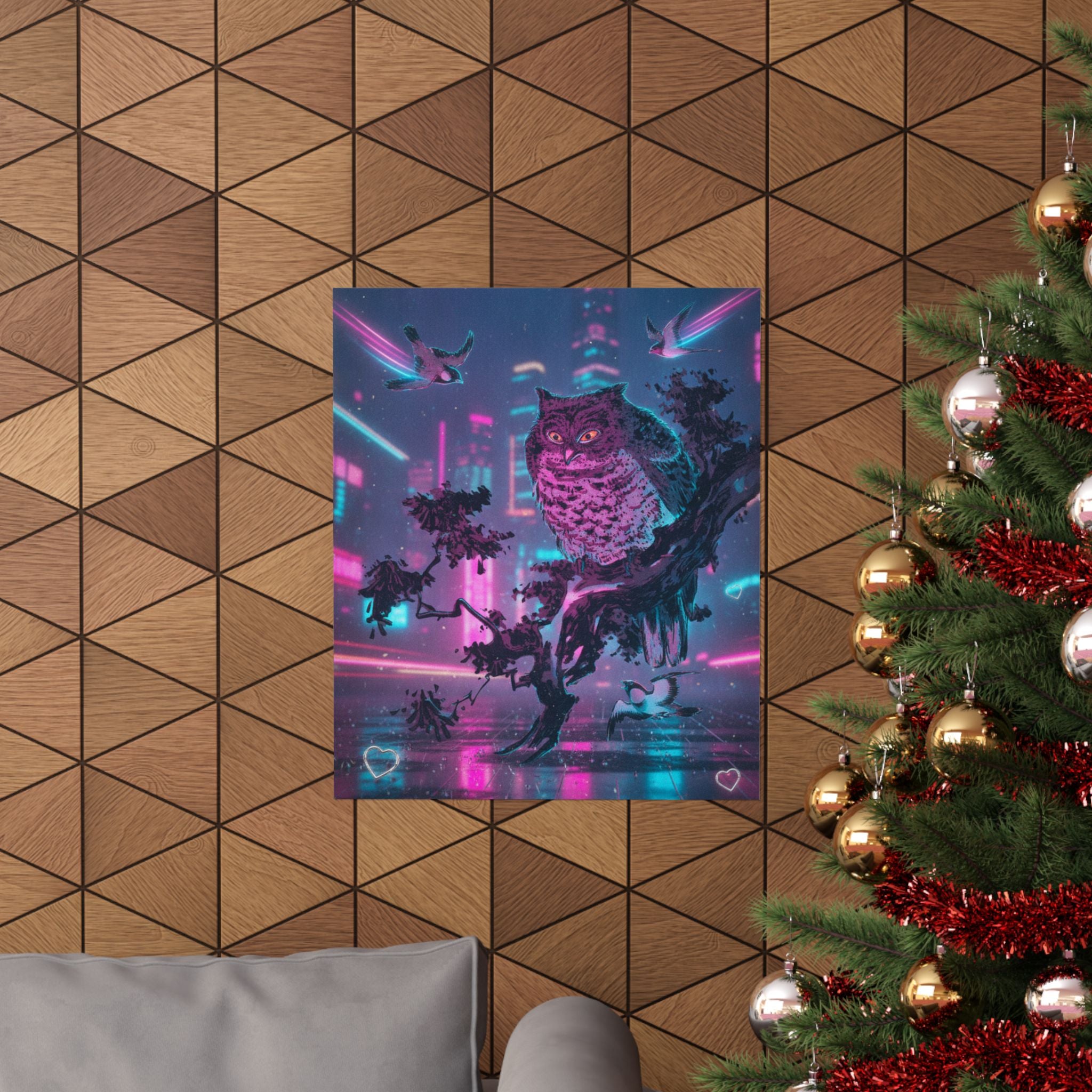 Neon Noir — Owl And Two Swallows — Matte Poster