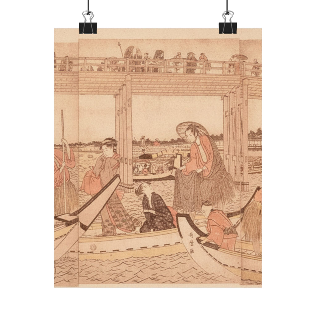 Southern Sunset — Fishing Boats With Nets Under Ryōgoku Bridge — Matte Poster