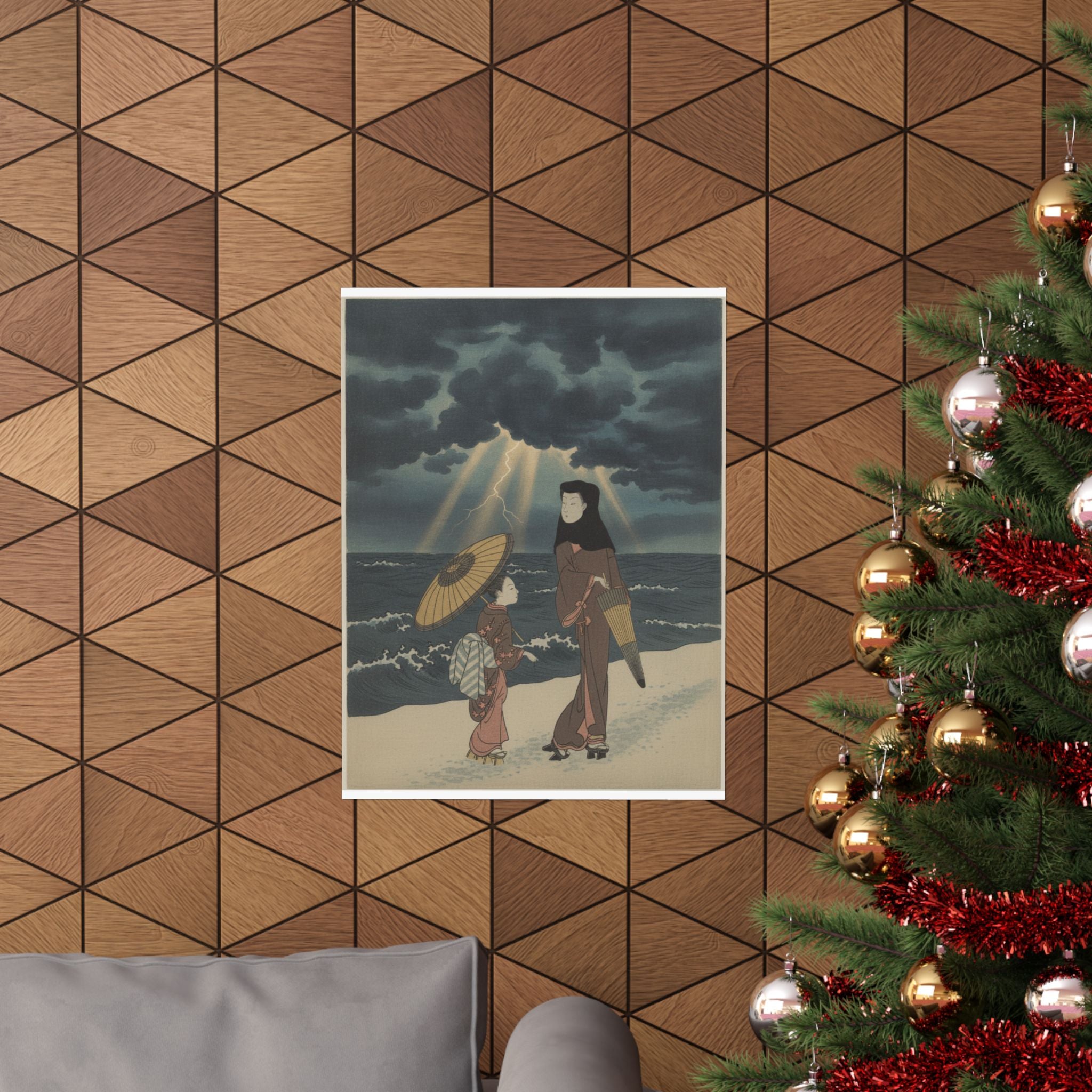 Dramatic Storm — Lady With Black Hood And Umbrella Out Walking With Young Attendant — Matte Poster