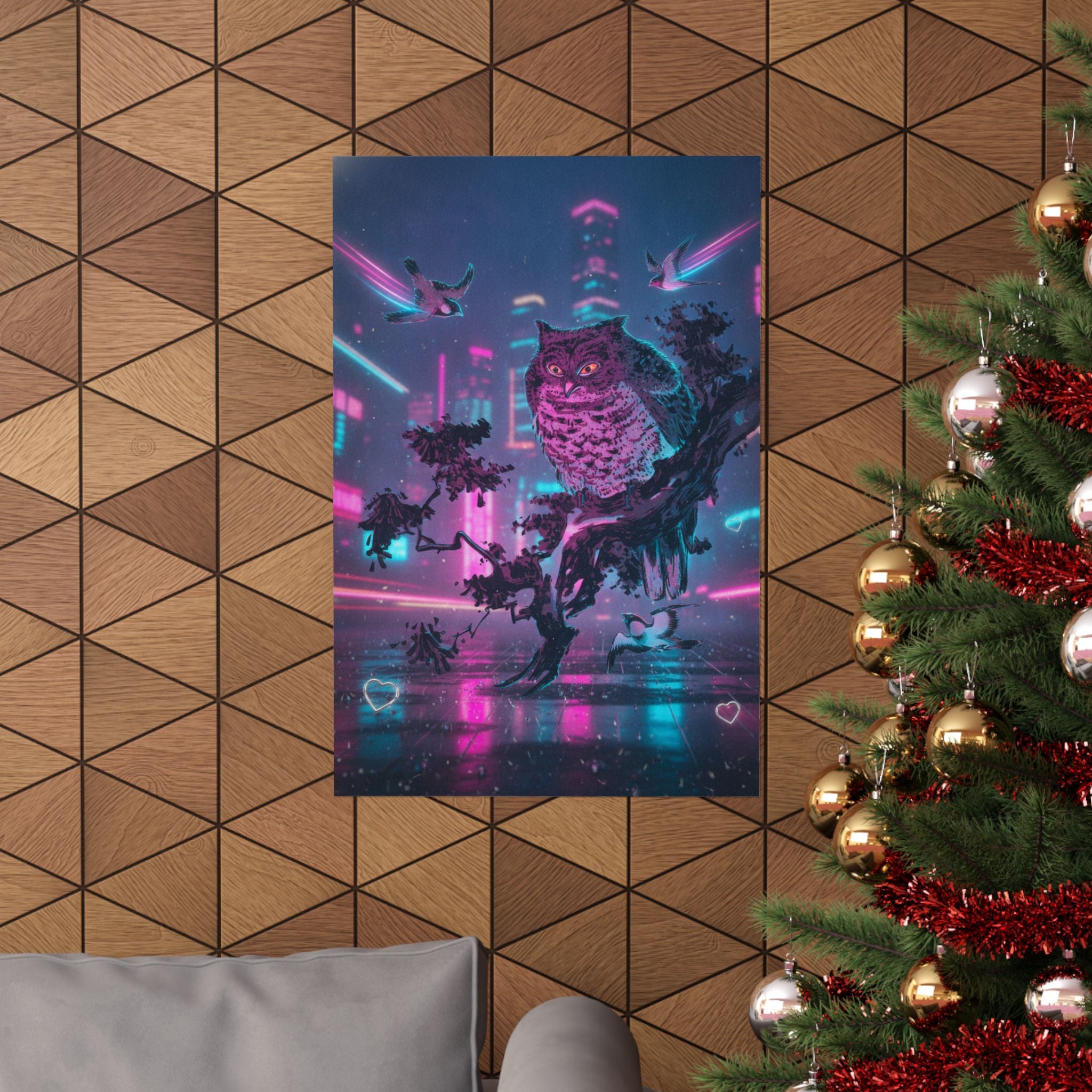 Neon Noir — Owl And Two Swallows — Matte Poster