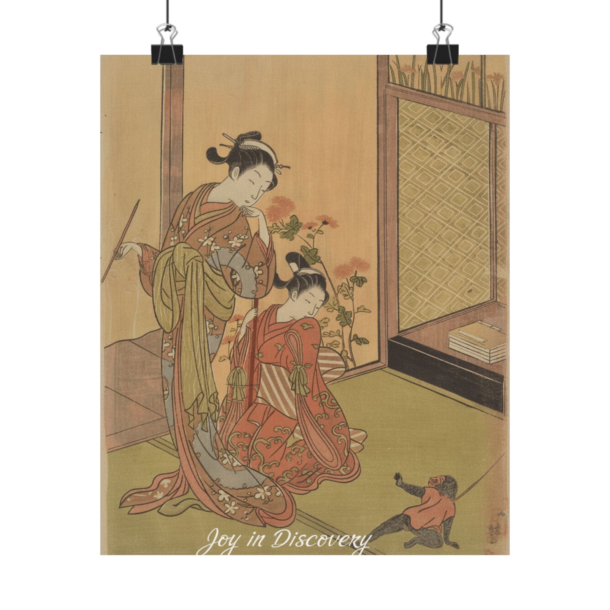 Affirmation — Two Girls Looking At A Monkey On A Leash — Matte Poster