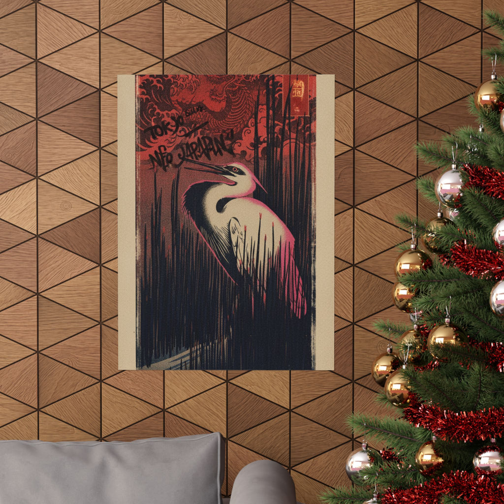Japanese Street — White Heron Standing Among Reeds — Matte Poster
