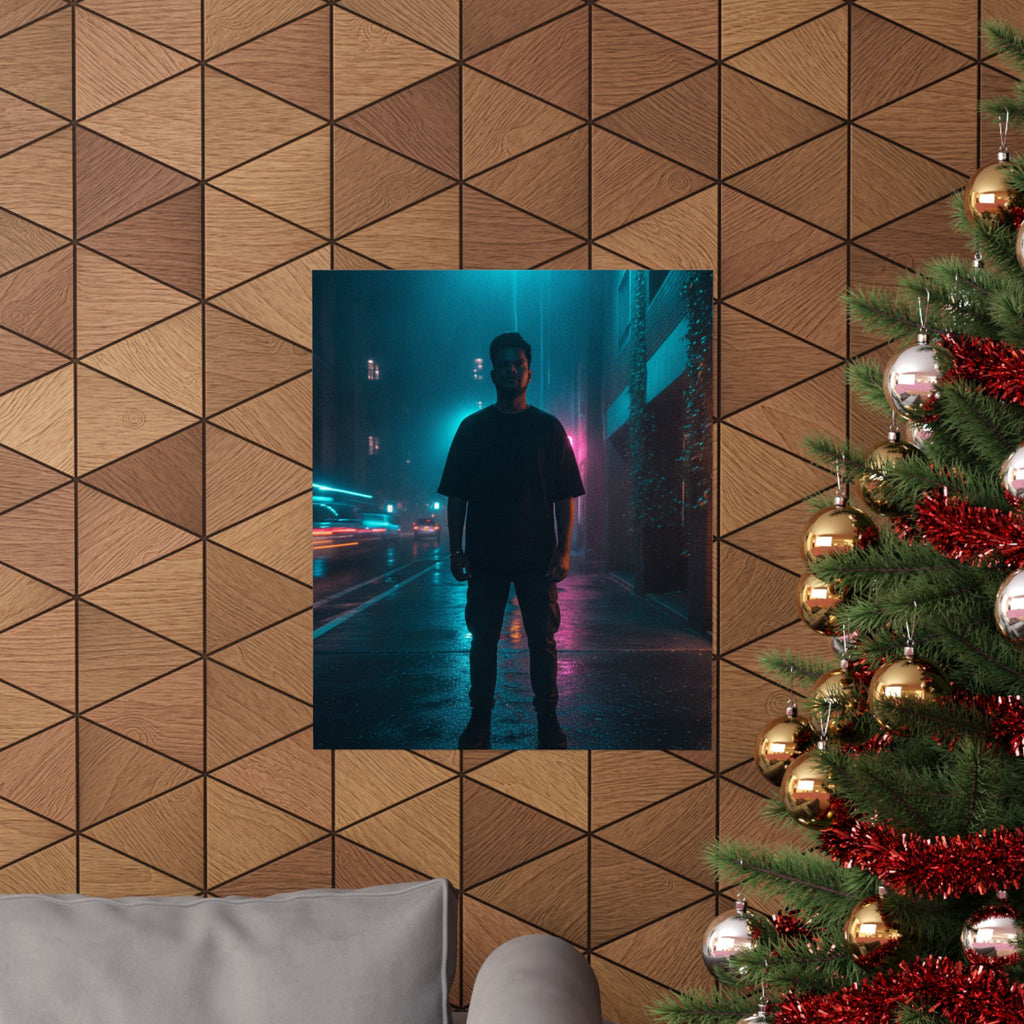 Rainy Neon City Street Silhouette Teal Pink Matte Poster