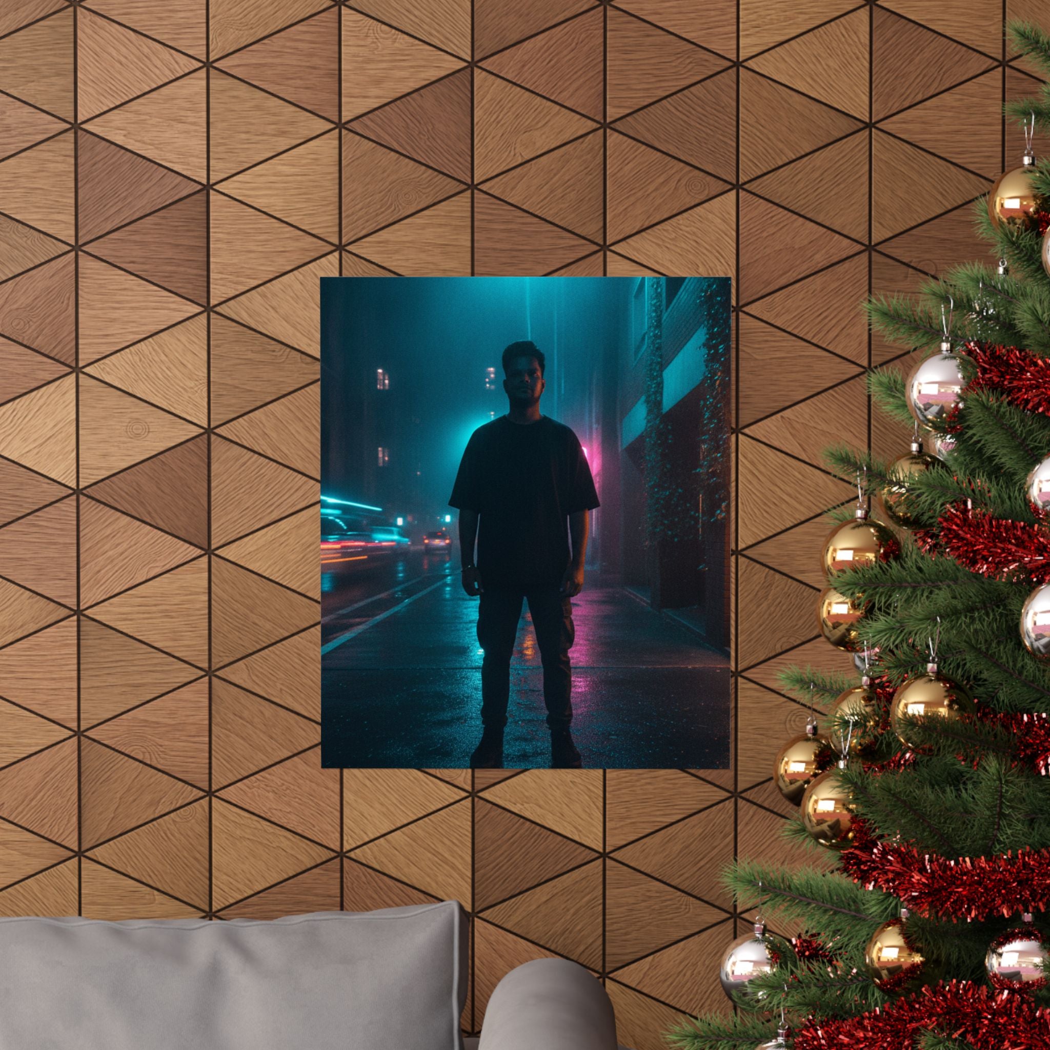 Rainy Neon City Street Silhouette Teal Pink Matte Poster