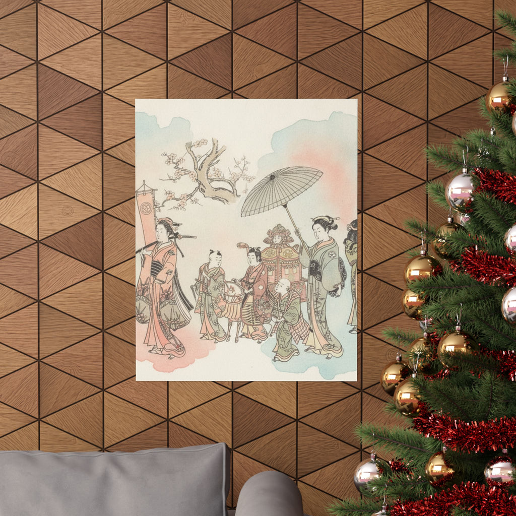Watercolor — Children Play-Acting A Daimyo Procession — Matte Poster