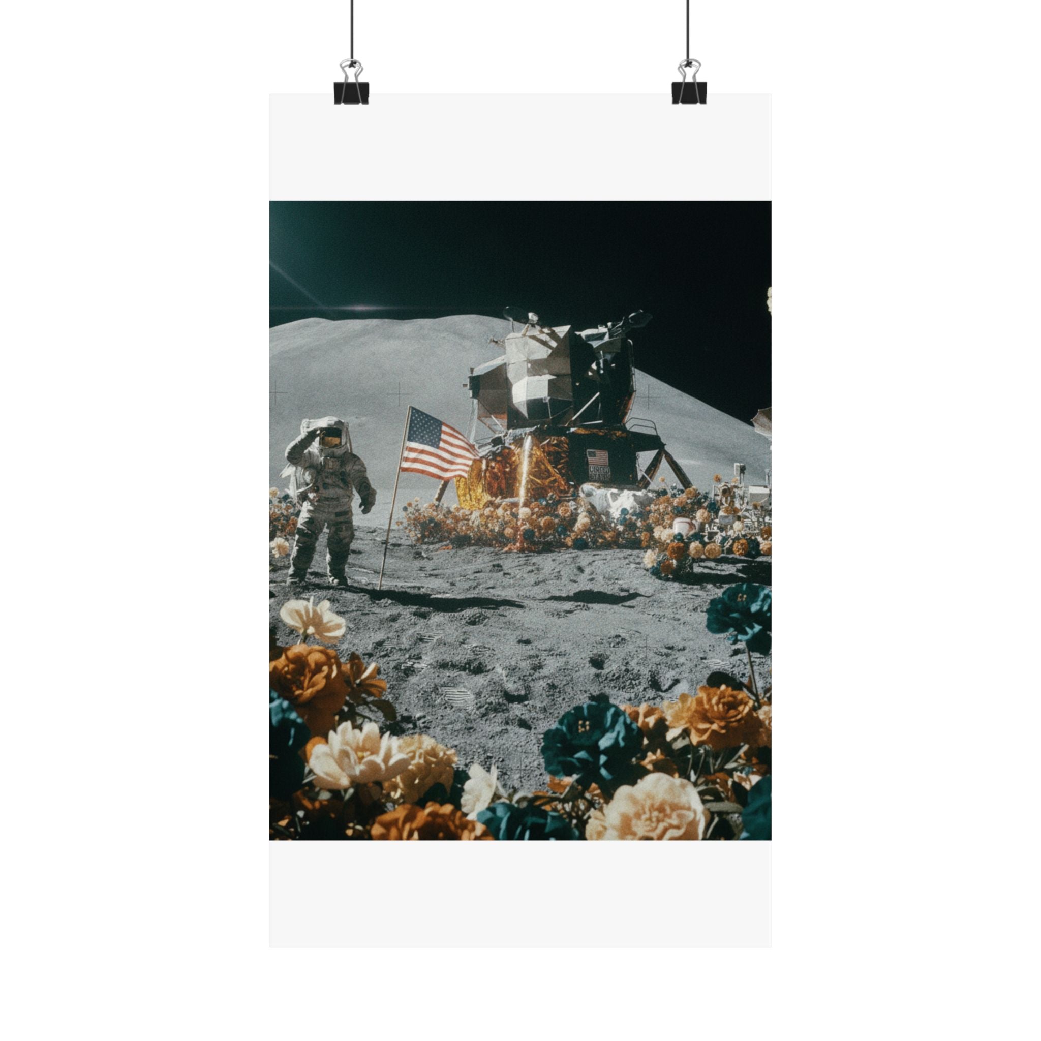 Astronaut Moon Landing in Bloom Surreal Space Poster