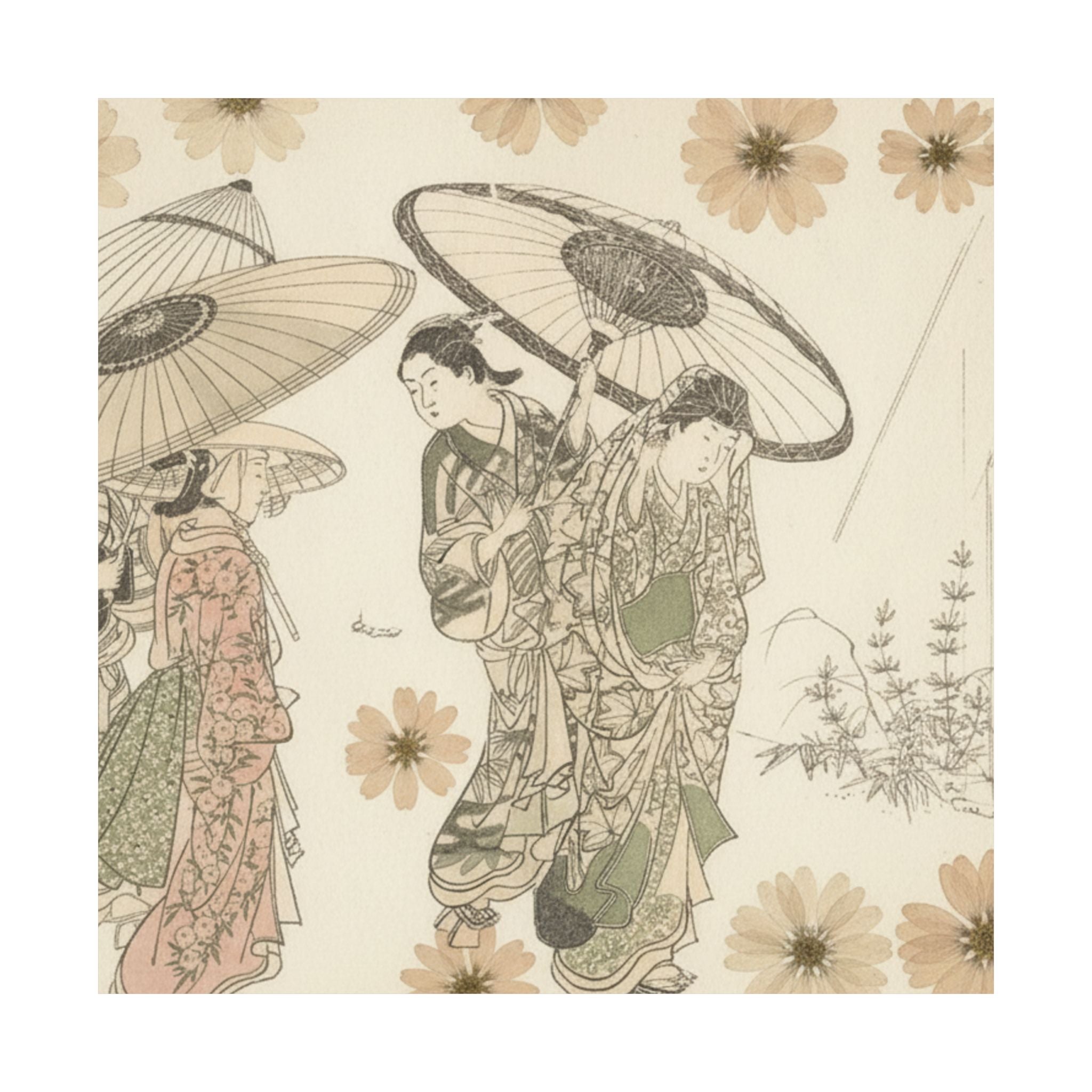 Botanical — A Lady With Three Attendants In The Rain — Matte Poster
