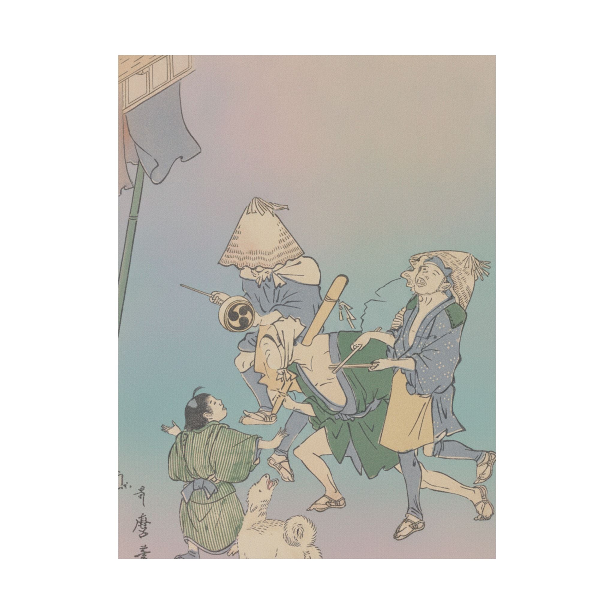 Affirmation — Three Revelers Of The Lower Classes, Wearing Komuso Hats, With Small Boy And Dog — Matte Poster