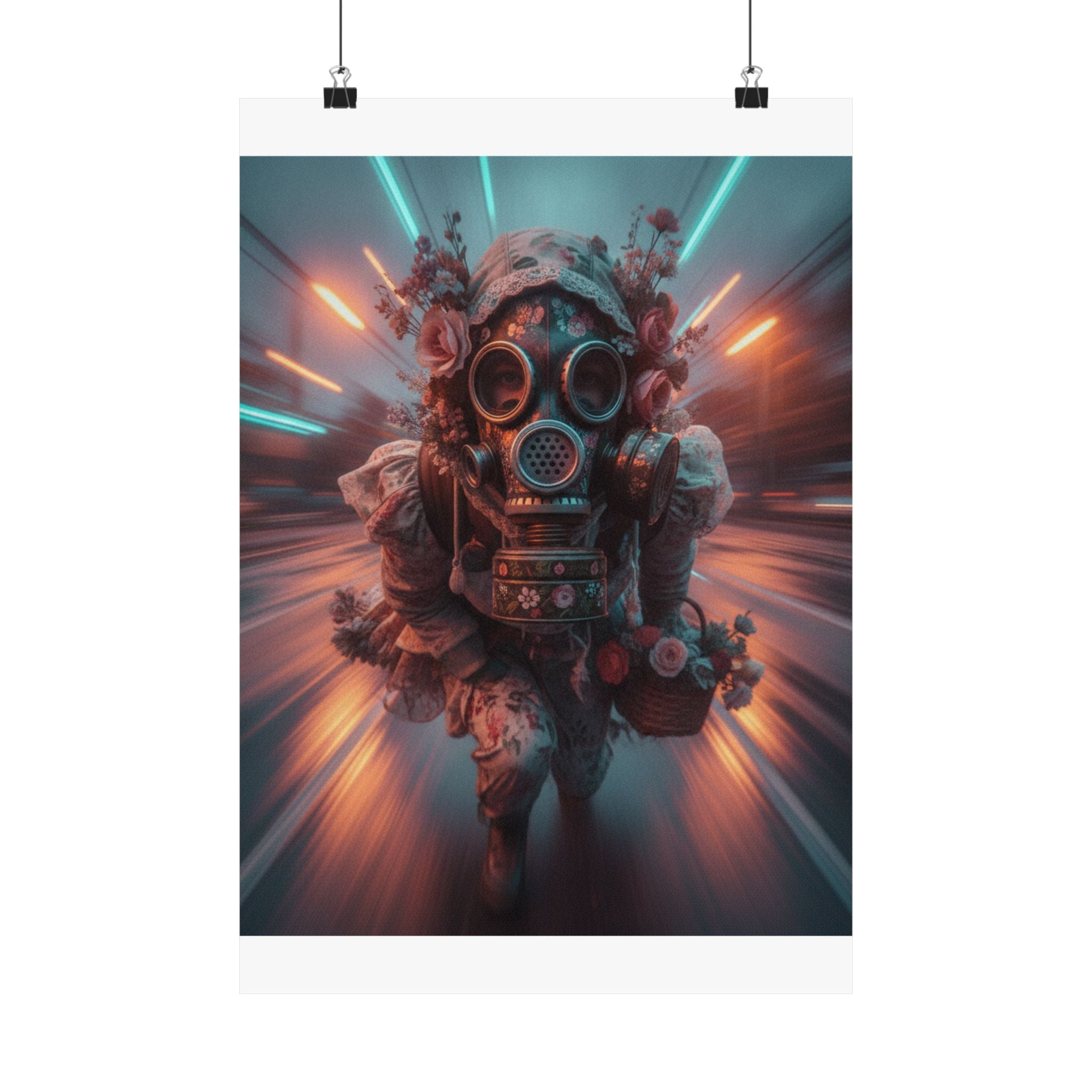 Neon Tunnel Rose Gas Mask Post-Apocalyptic Poster