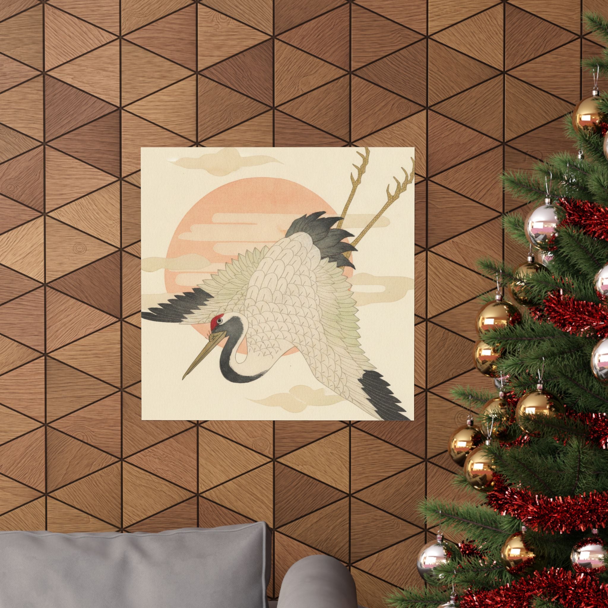 Botanical — White Crane Flying Across The Sun'S Disc — Matte Poster