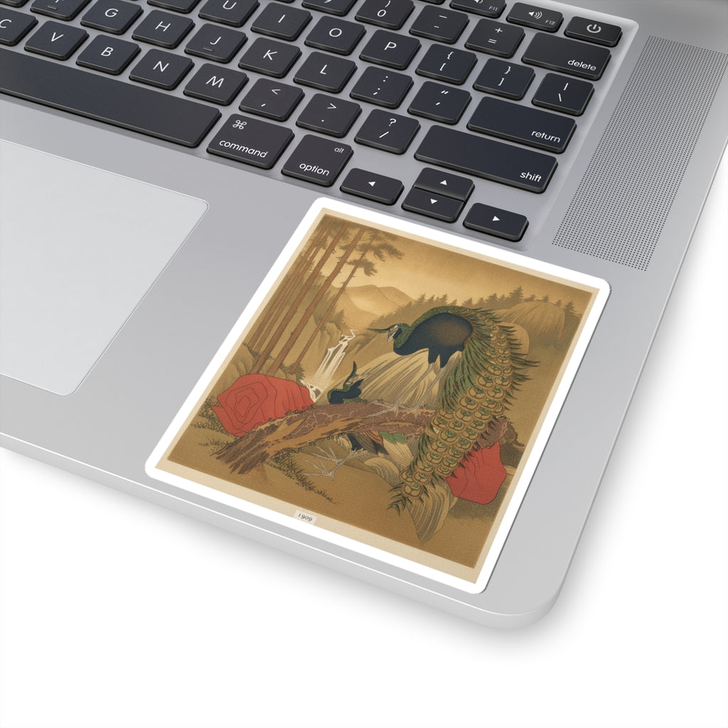 Scenic Nature — Painting Of Peacocks, Pines, A Waterfall, And A Roll Of Red Fabric — Kiss-Cut Sticker