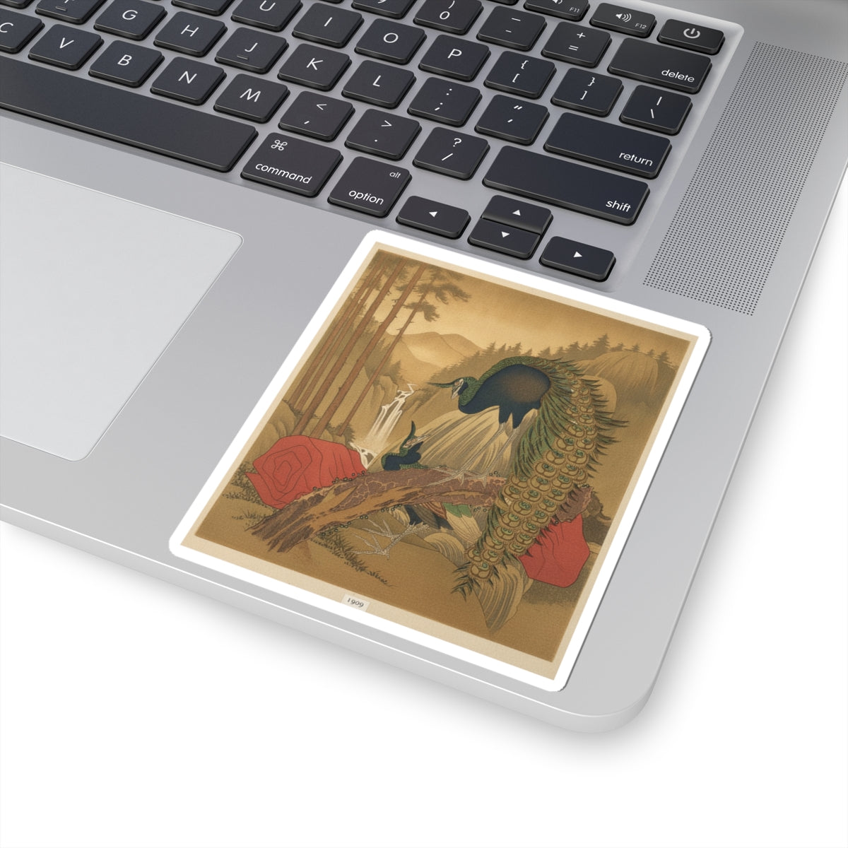 Scenic Nature — Painting Of Peacocks, Pines, A Waterfall, And A Roll Of Red Fabric — Kiss-Cut Sticker