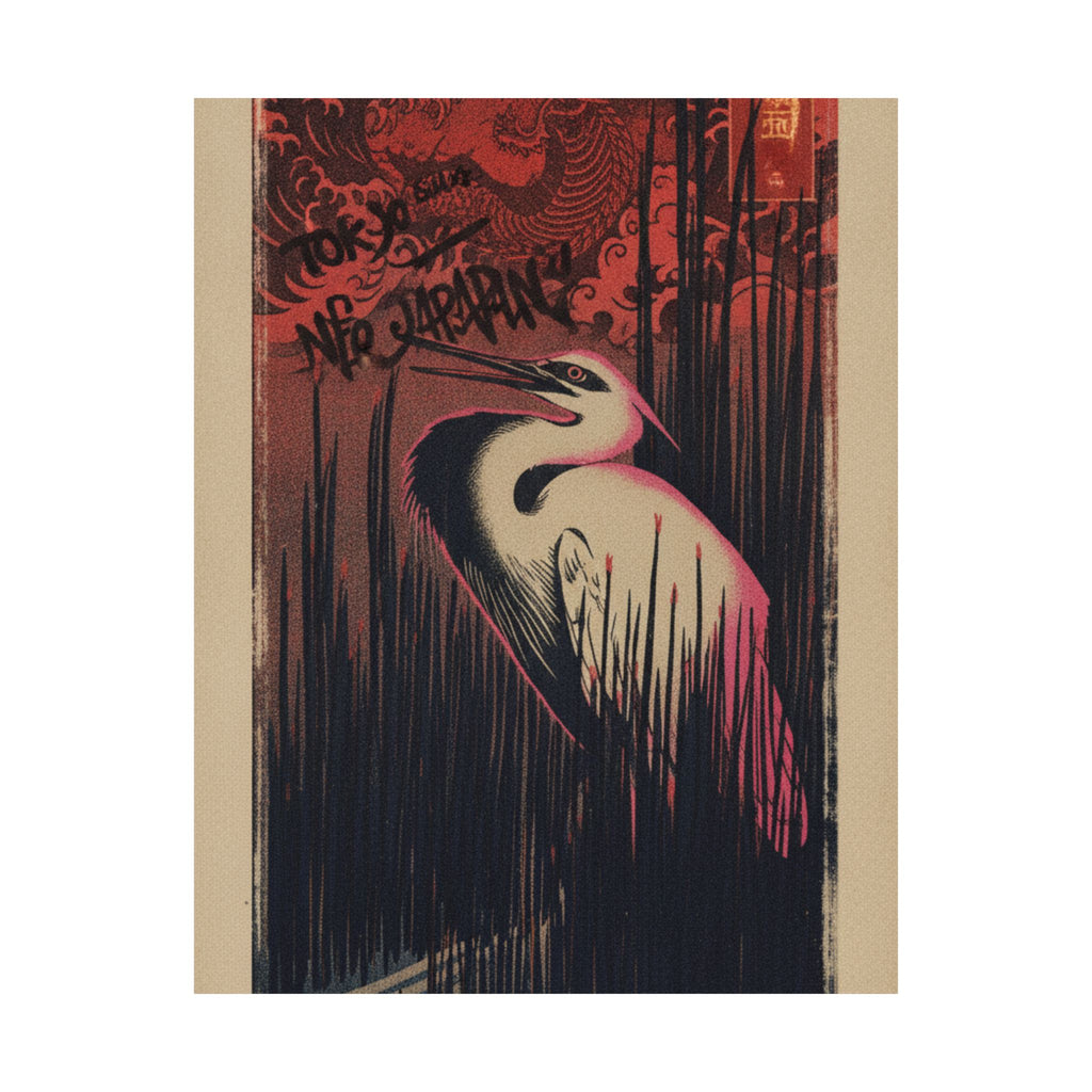 Japanese Street — White Heron Standing Among Reeds — Matte Poster