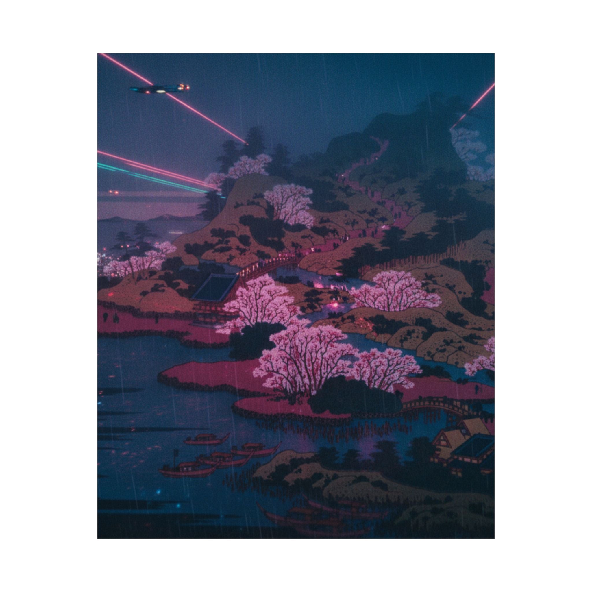 Neon Noir — Tenpōzan At The Mouth Of The Aji River In Settsu Province (Sesshū Ajikawaguchi T — Matte Poster