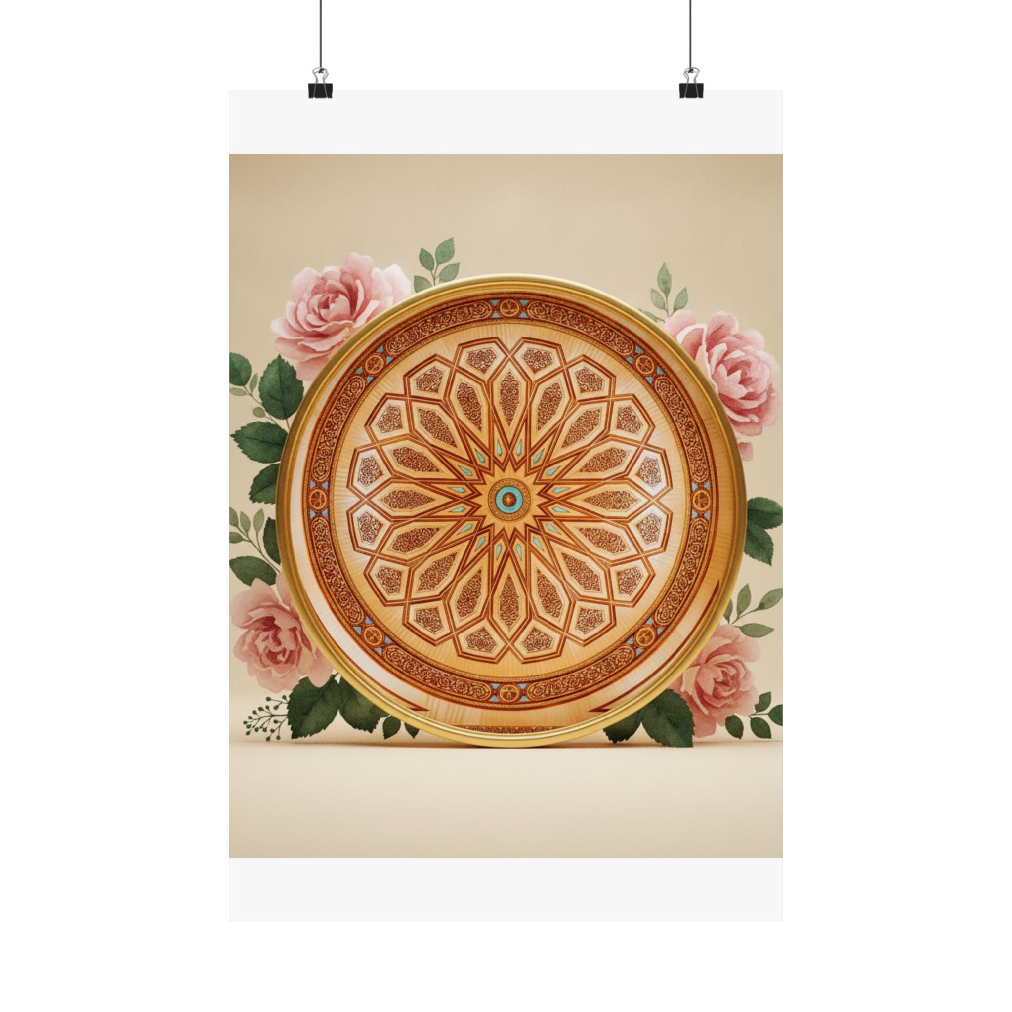 Gilded Moroccan Medallion and Pink Roses Art Poster