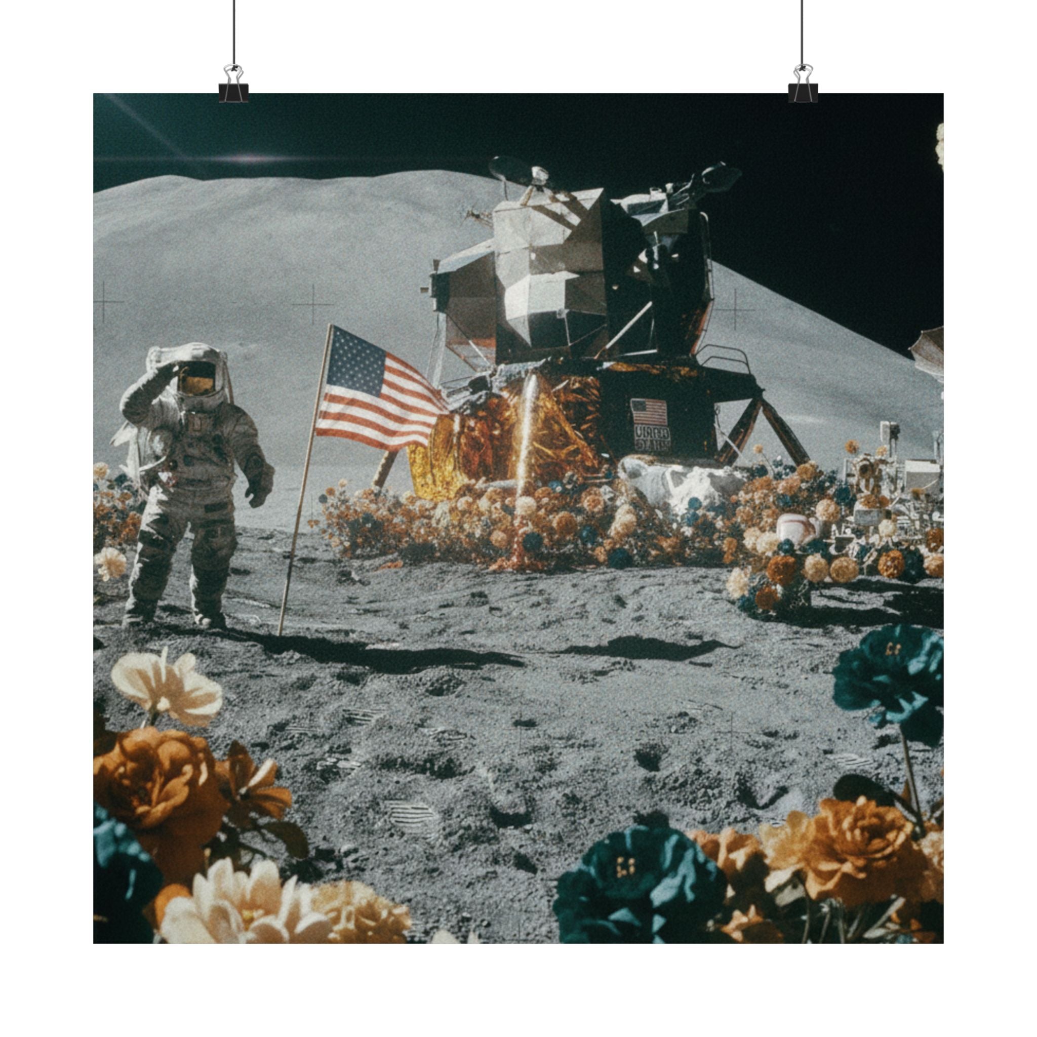 Astronaut Moon Landing in Bloom Surreal Space Poster