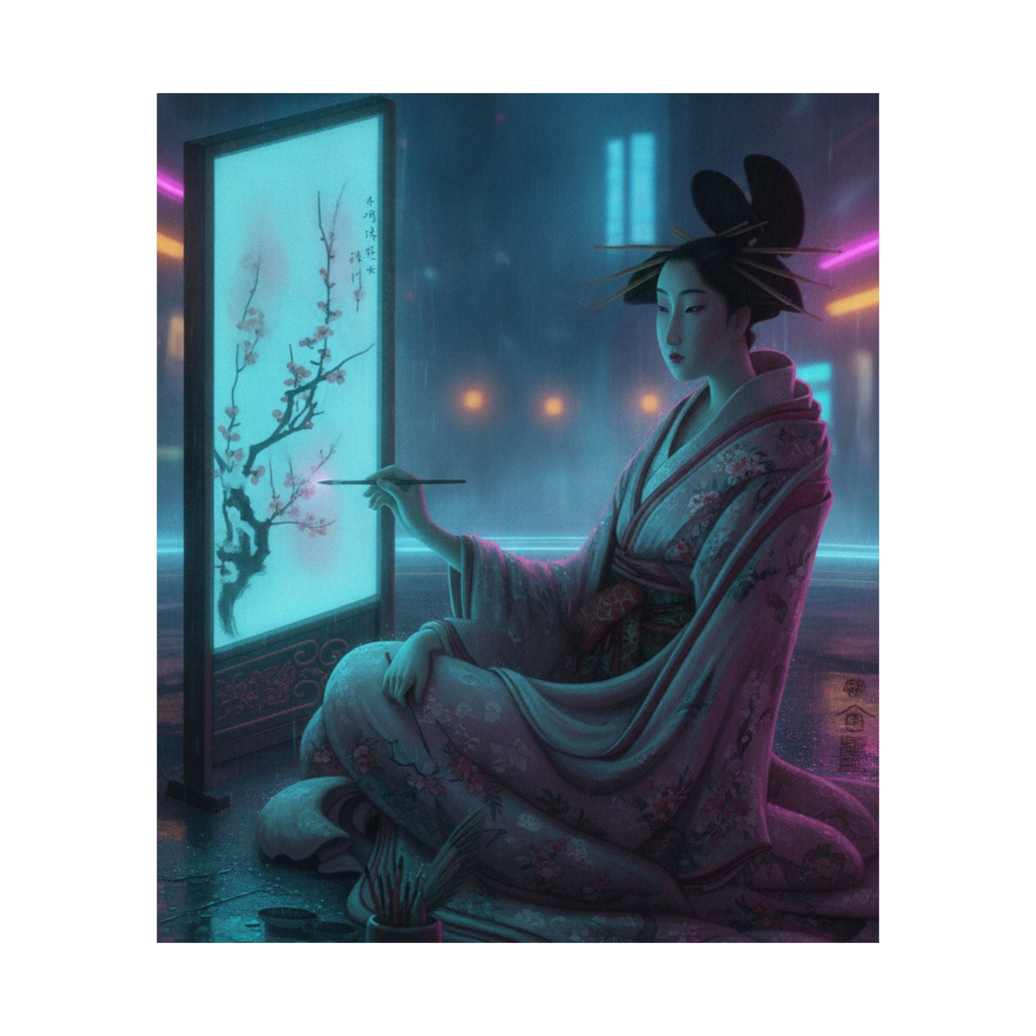 Neon Noir — Young Woman Painting A Screen — Matte Poster