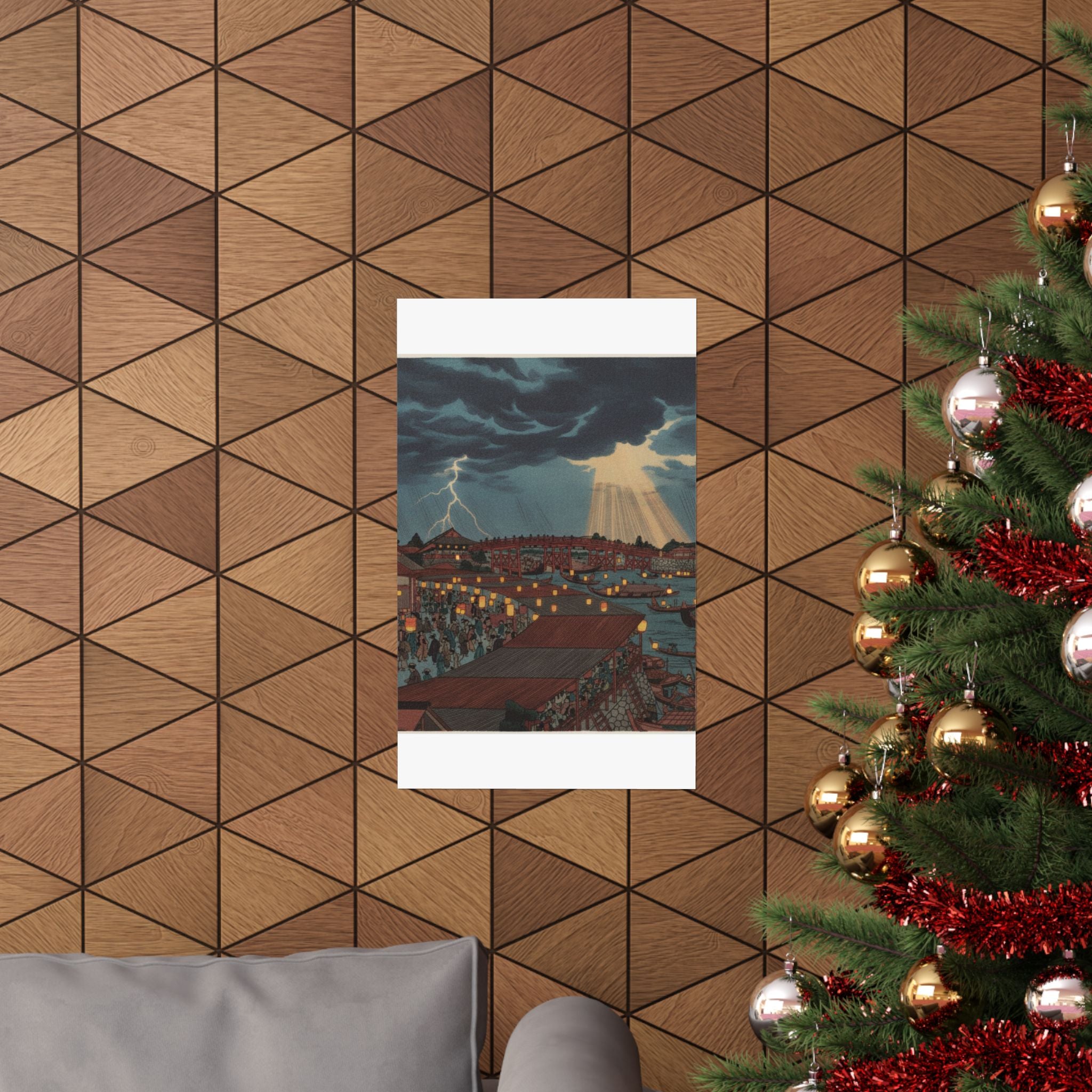 Dramatic Storm — Landscape; Showing Water Festival With Lanterns — Matte Poster
