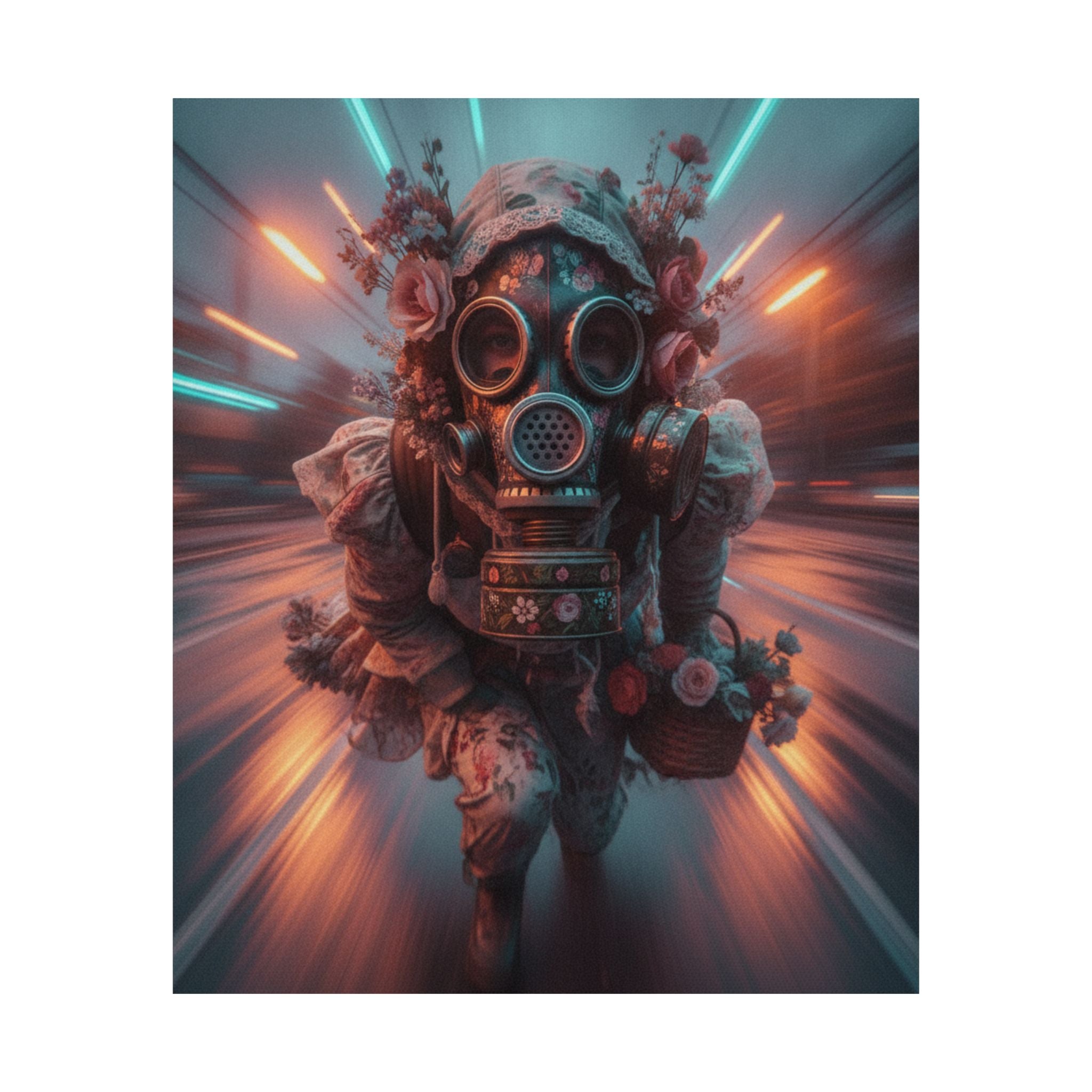 Neon Tunnel Rose Gas Mask Post-Apocalyptic Poster