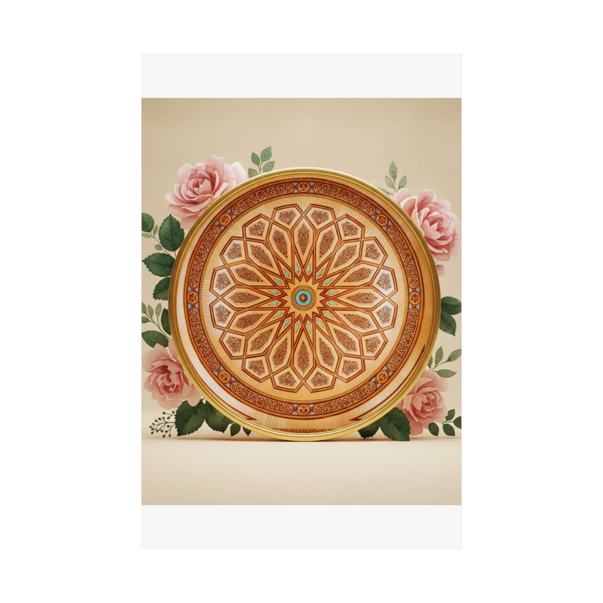 Gilded Moroccan Medallion and Pink Roses Art Poster