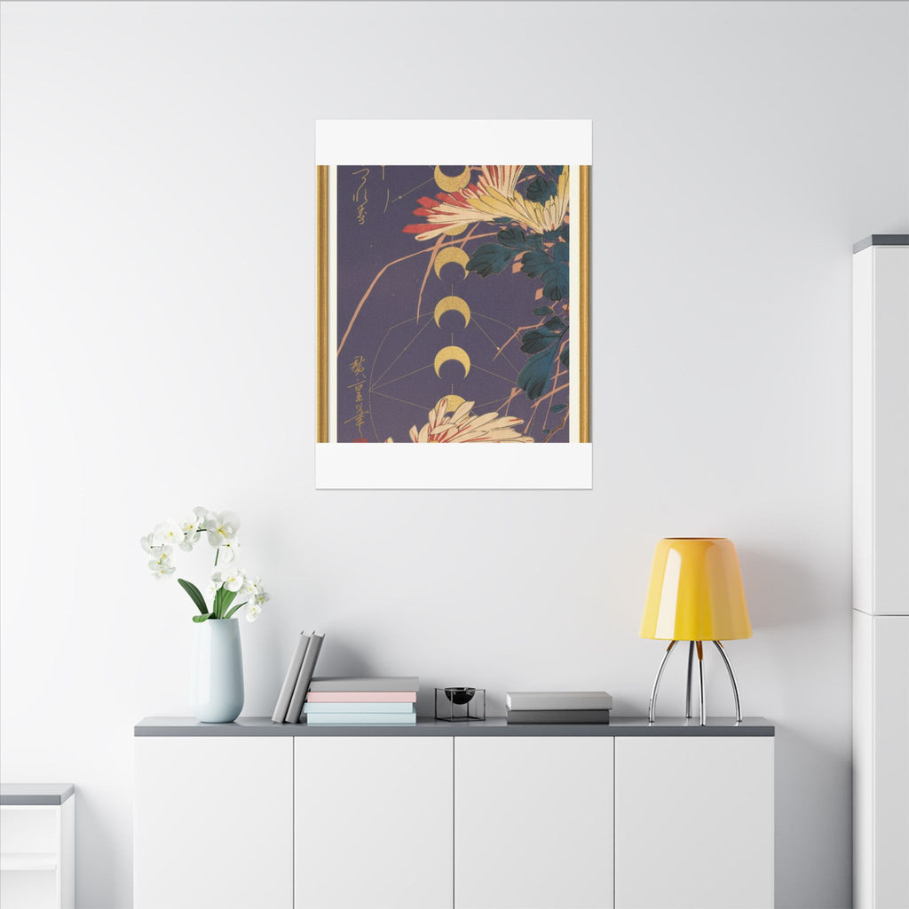 Chrysanthemum and Gold Moon Phases Woodblock Matte Canvas