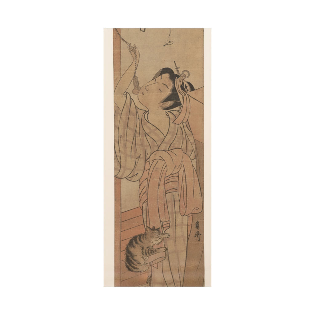 Ecommerce Main — Young Lady Toying With The Tassel Of Her Bed–Net While A Cat Plays At Her Feet — Matte Poster