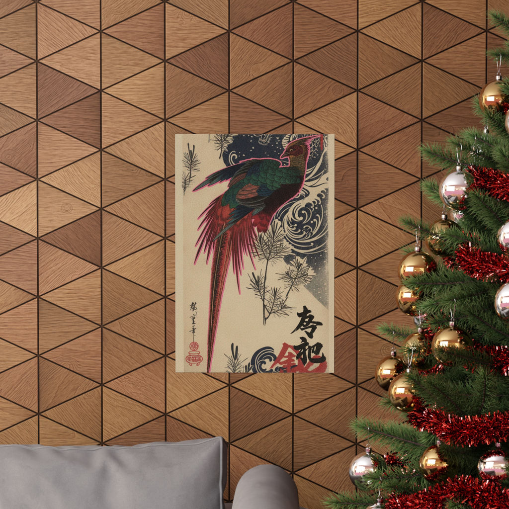 Japanese Street — Golden Pheasant And Pine Shoots In Snow — Matte Poster
