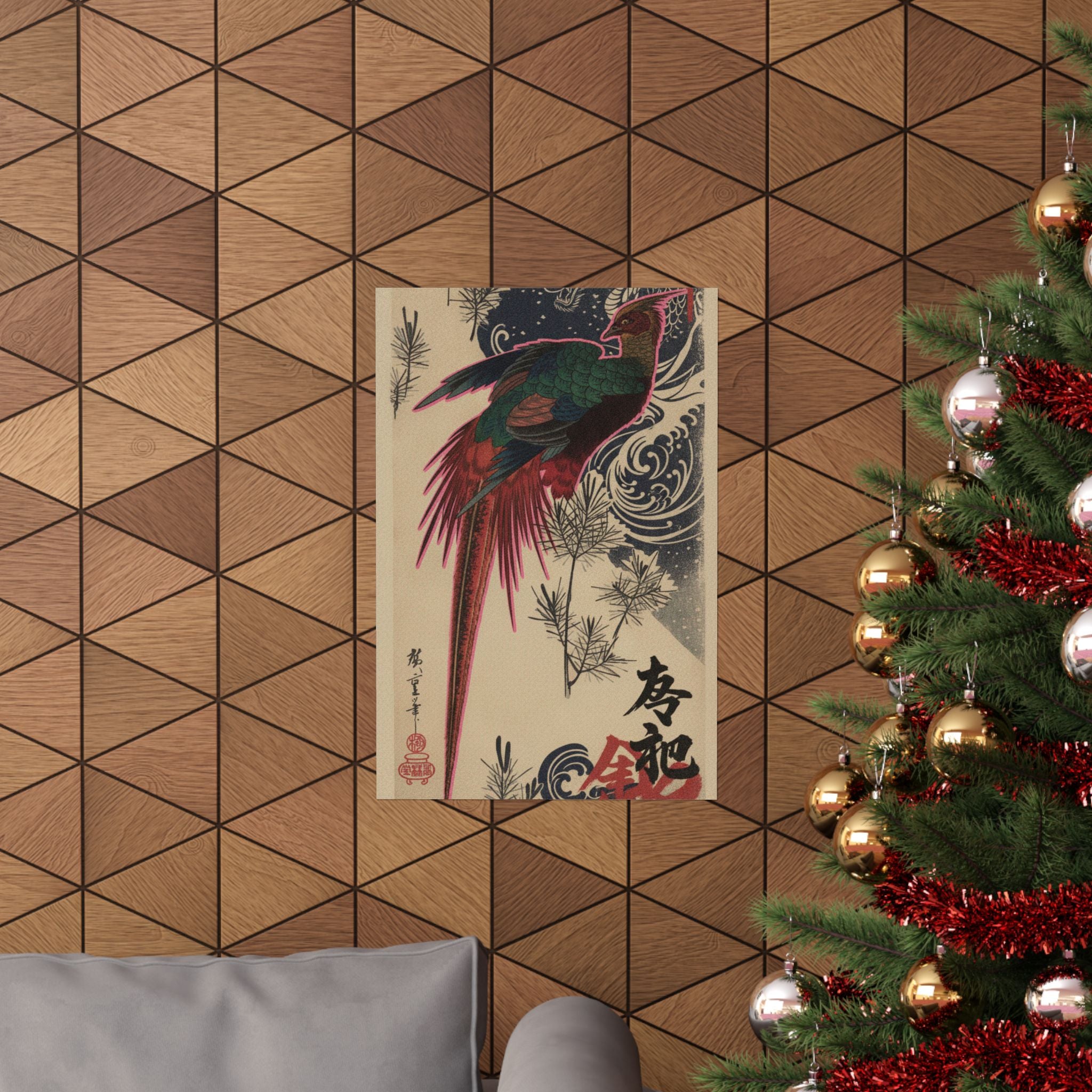 Japanese Street — Golden Pheasant And Pine Shoots In Snow — Matte Poster