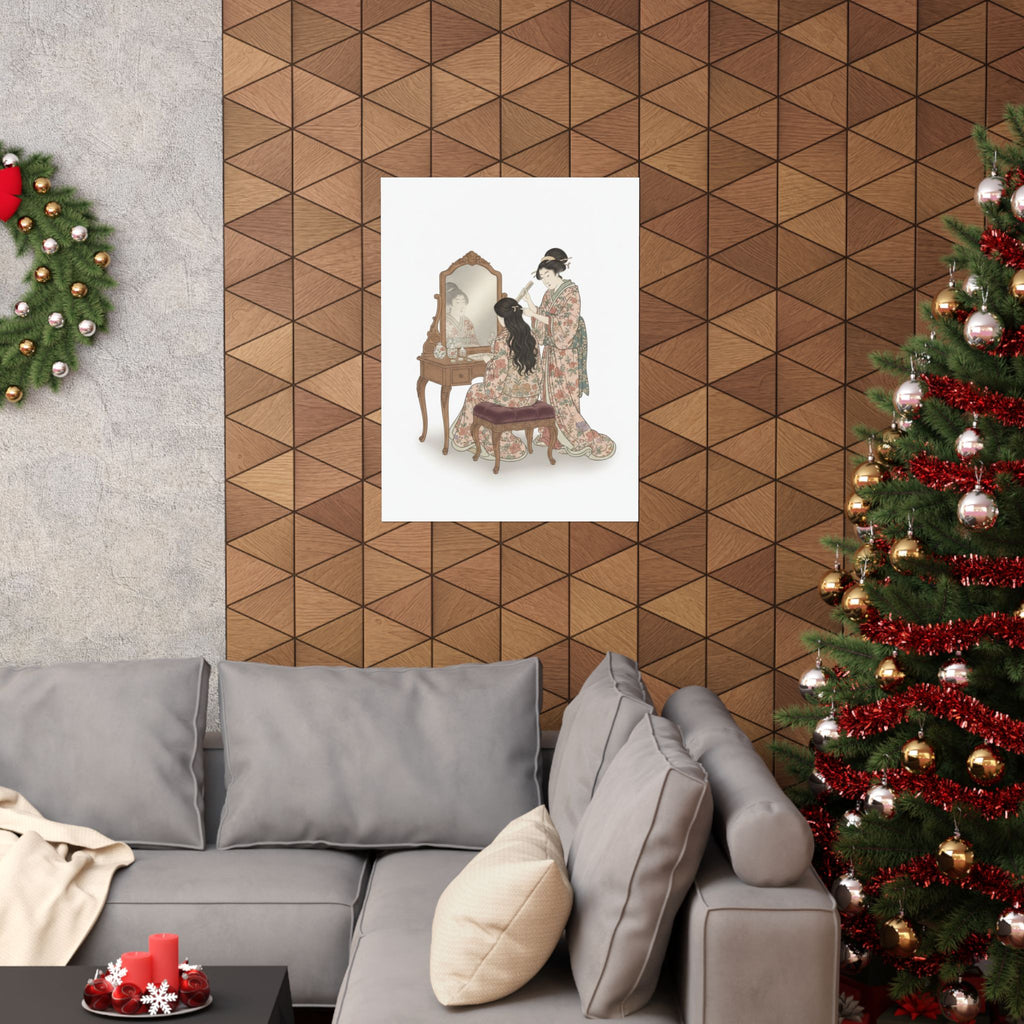 Ecommerce Main — A Woman At Her Toilet Seated Before A Mirror, Having Her Hair Combed By A Kameyu — Matte Poster