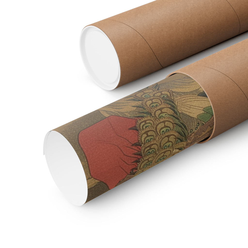 Scenic Nature — Painting Of Peacocks, Pines, A Waterfall, And A Roll Of Red Fabric — Matte Poster