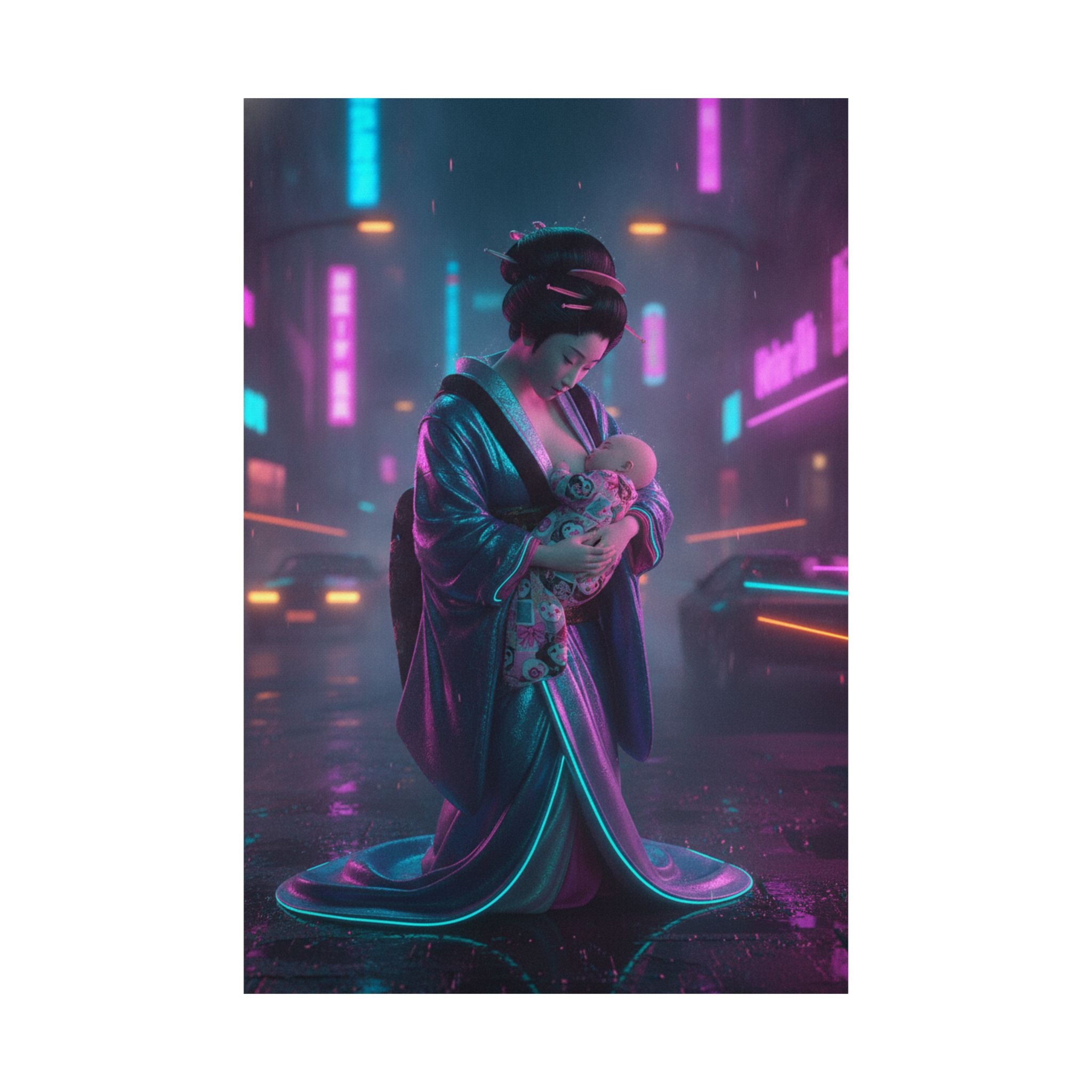 Neon Noir — Young Mother Nursing Her Baby — Matte Poster