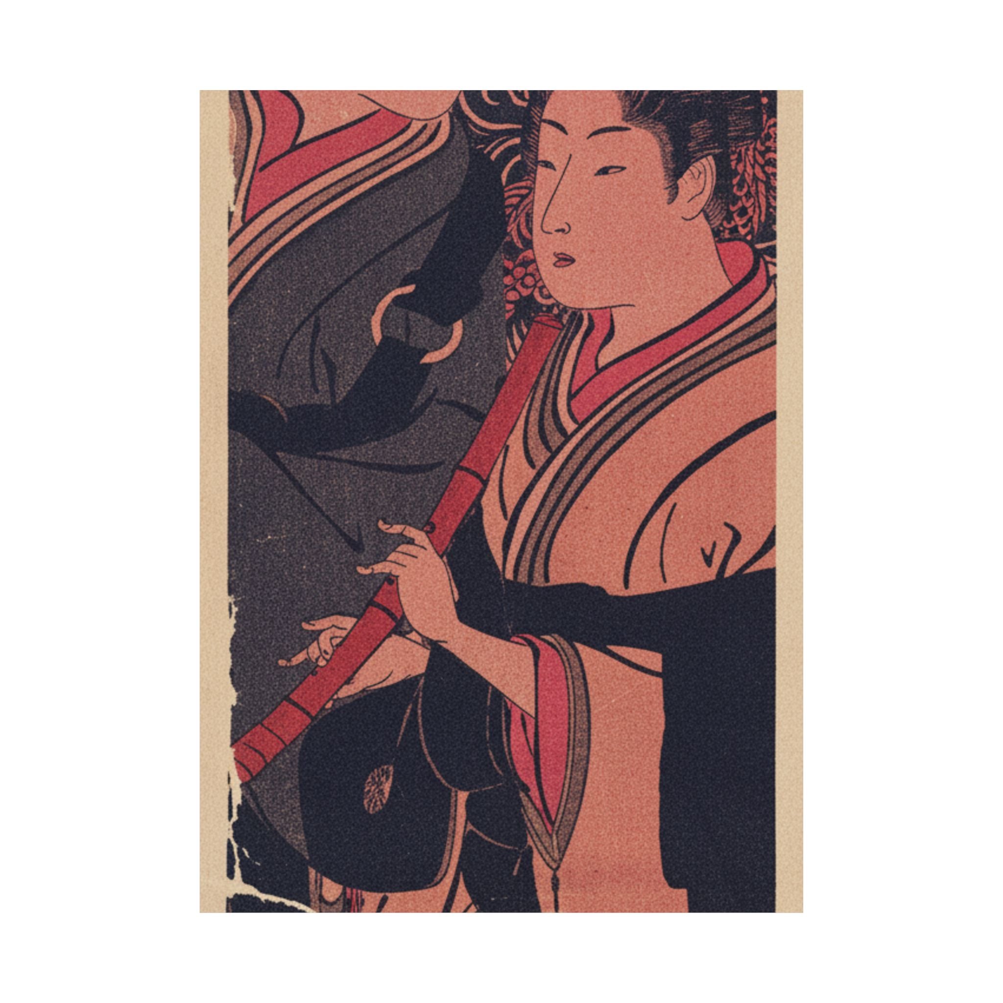 Japanese Street — Two Men, One Playing A Flute — Matte Poster