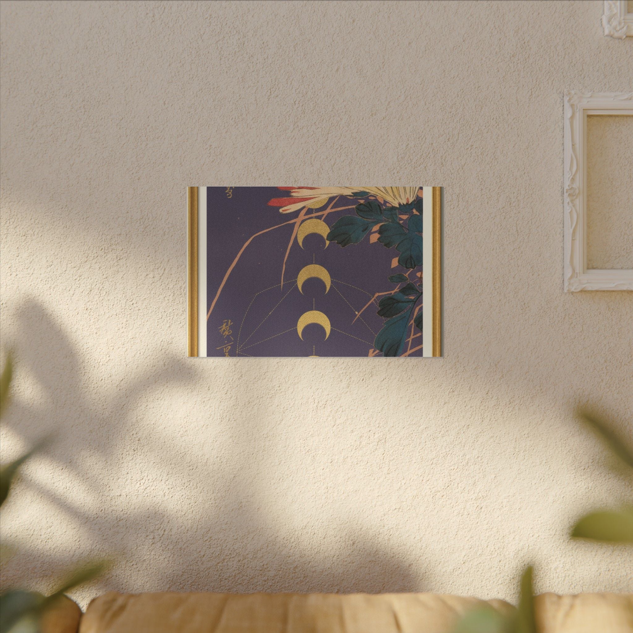 Chrysanthemum and Gold Moon Phases Woodblock Matte Canvas
