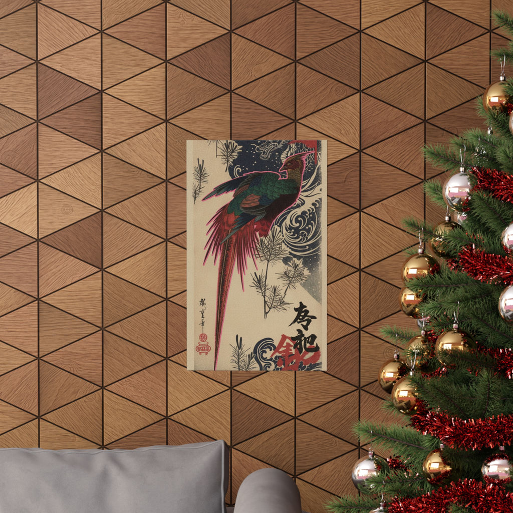 Japanese Street — Golden Pheasant And Pine Shoots In Snow — Matte Poster