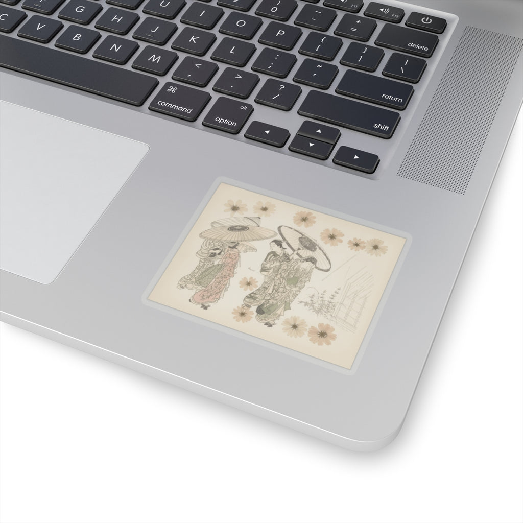 Botanical — A Lady With Three Attendants In The Rain — Kiss-Cut Sticker