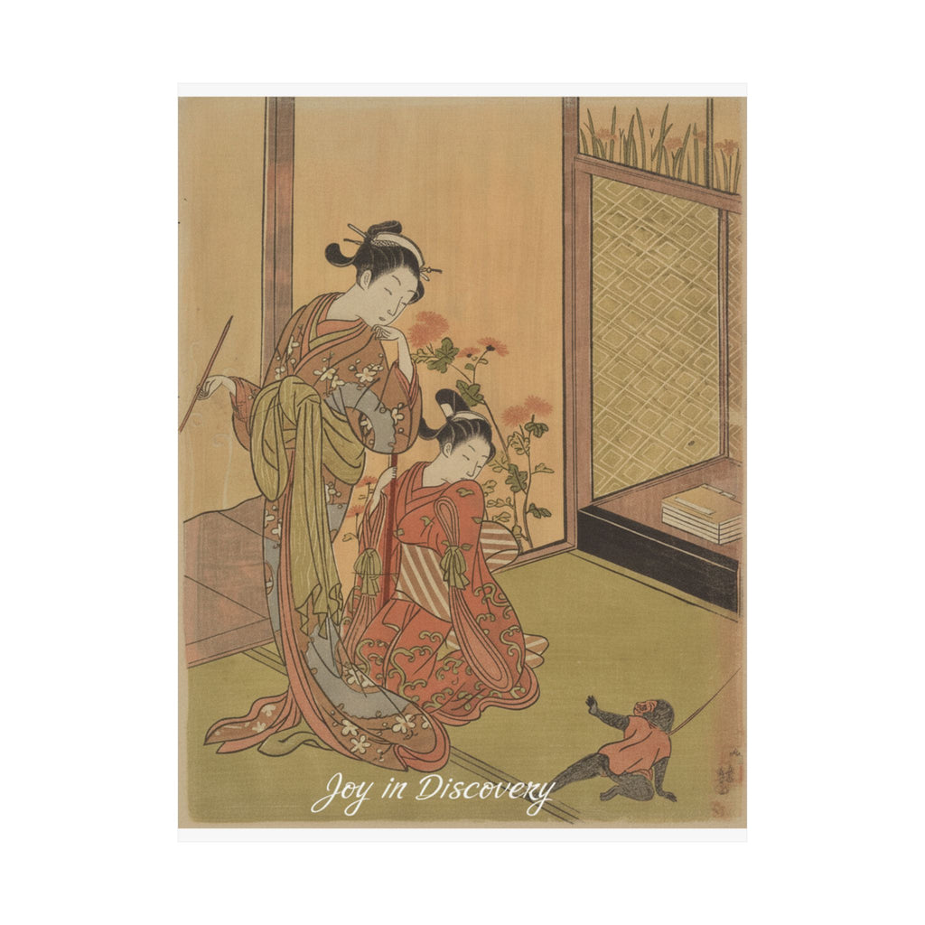 Affirmation — Two Girls Looking At A Monkey On A Leash — Matte Poster