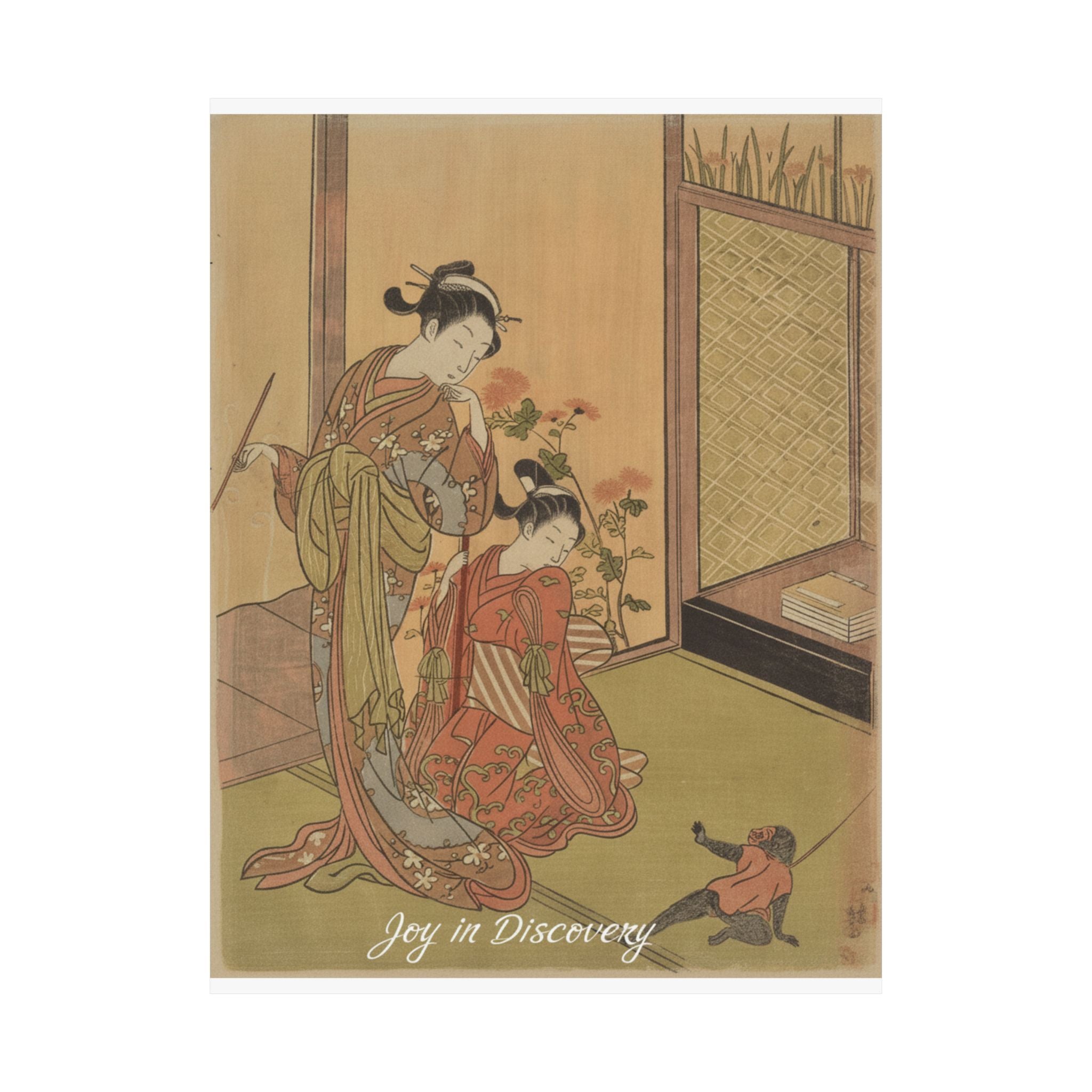 Affirmation — Two Girls Looking At A Monkey On A Leash — Matte Poster