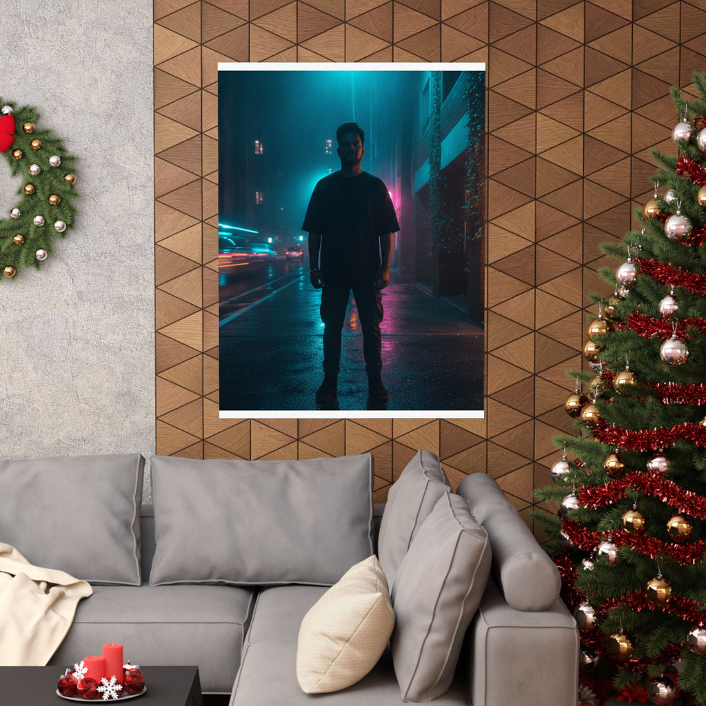 Rainy Neon City Street Silhouette Teal Pink Matte Poster