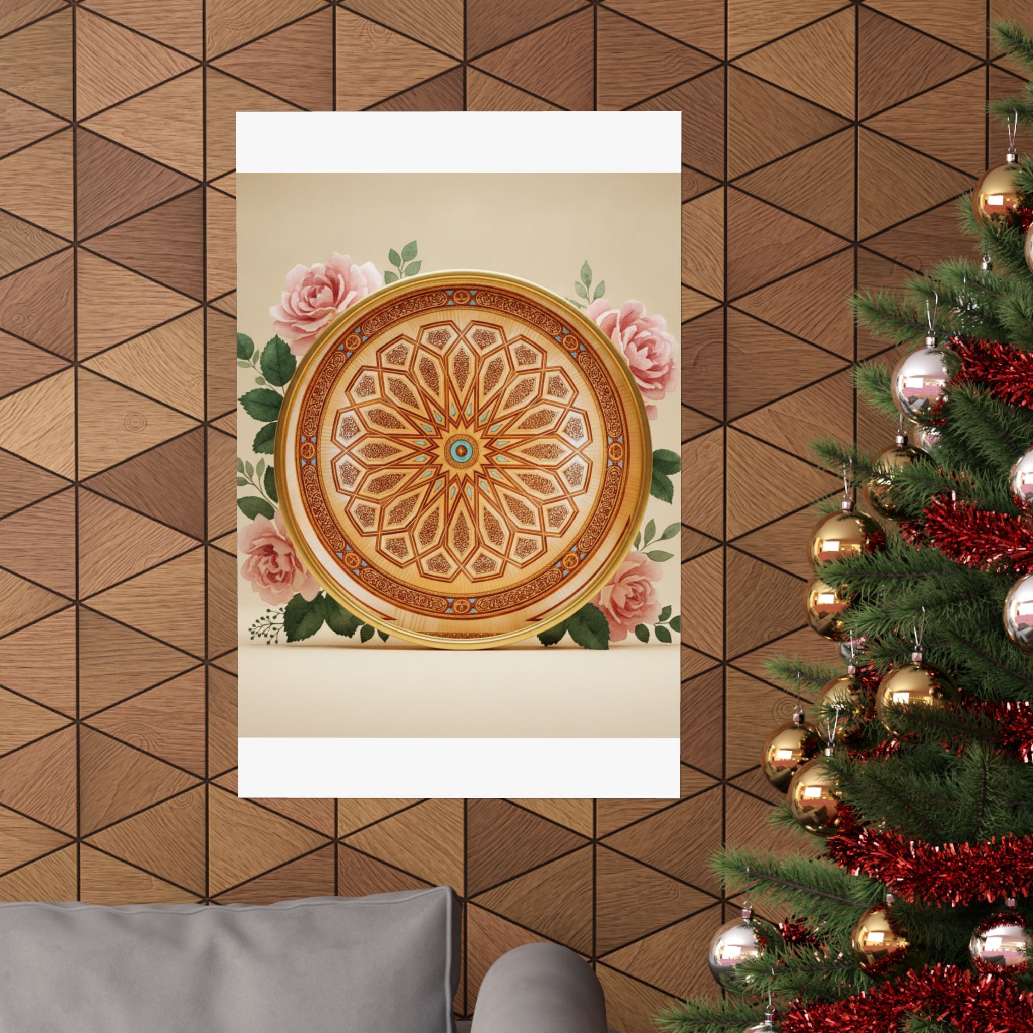 Gilded Moroccan Medallion and Pink Roses Art Poster