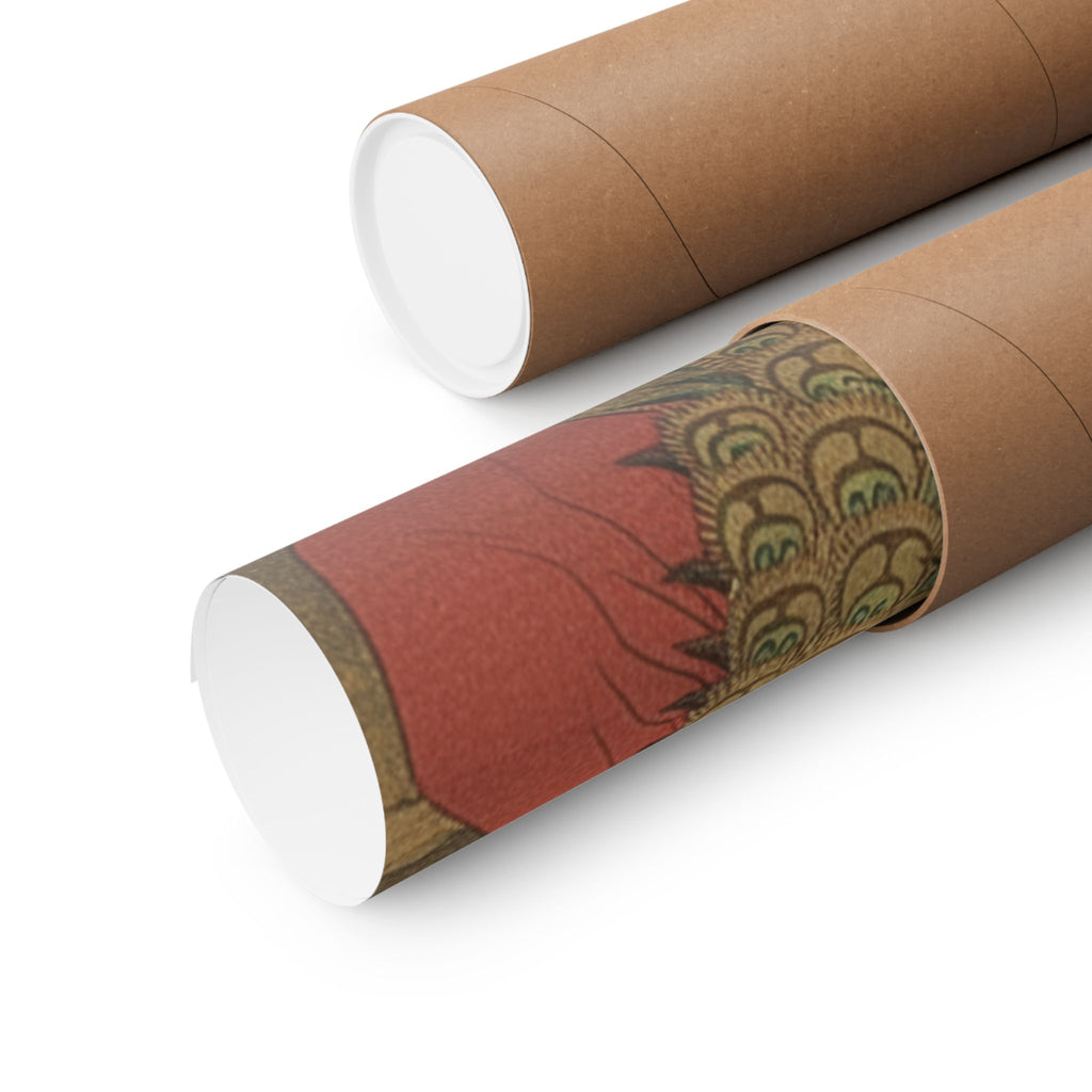 Scenic Nature — Painting Of Peacocks, Pines, A Waterfall, And A Roll Of Red Fabric — Matte Poster