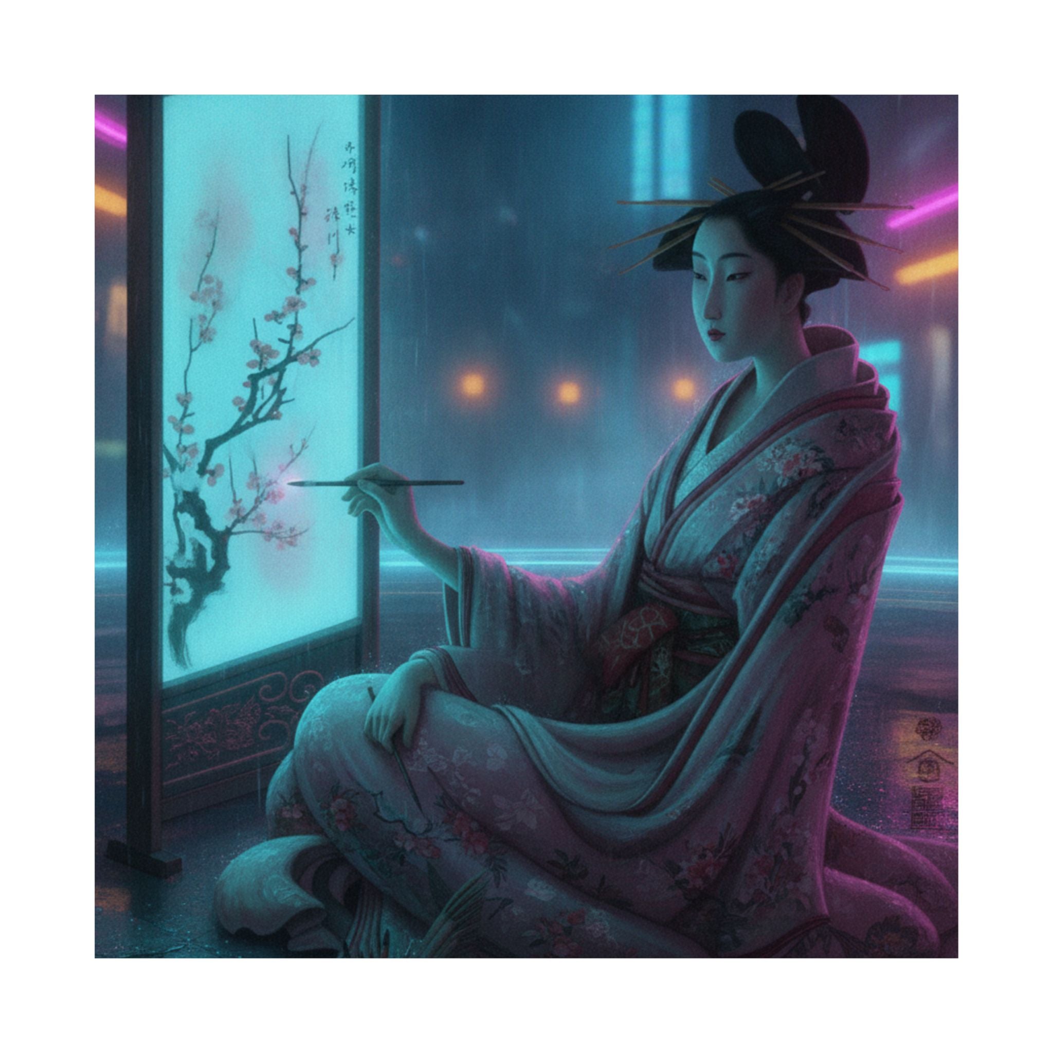 Neon Noir — Young Woman Painting A Screen — Matte Poster